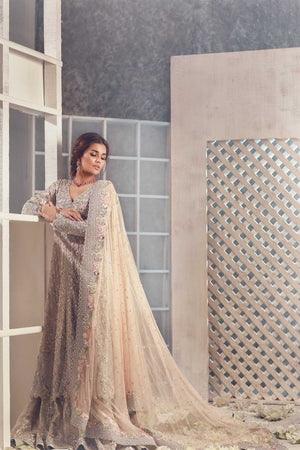 Pakistani Pastel Grey 3D Floral Organza Bridal Gown (2-Piece) - Image 2