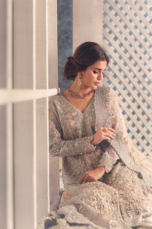 Pakistani Pastel Grey 3D Floral Organza Bridal Gown (2-Piece) - Image 3