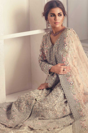Pakistani Pastel Grey 3D Floral Organza Bridal Gown (2-Piece) - Image 4