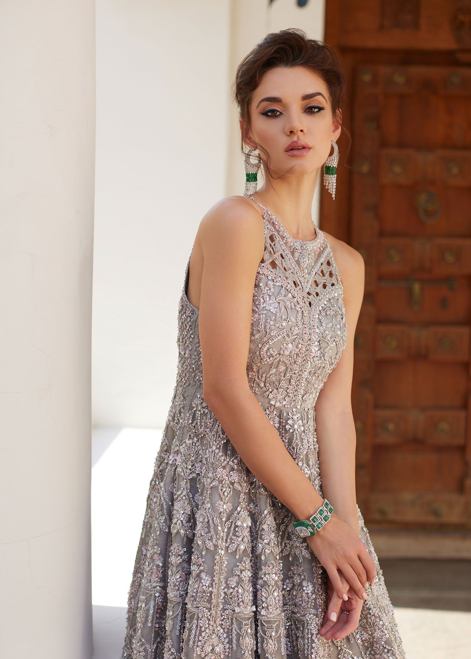 Grey Embroidered Organza Bridal Gown (2-Piece) - Image 3