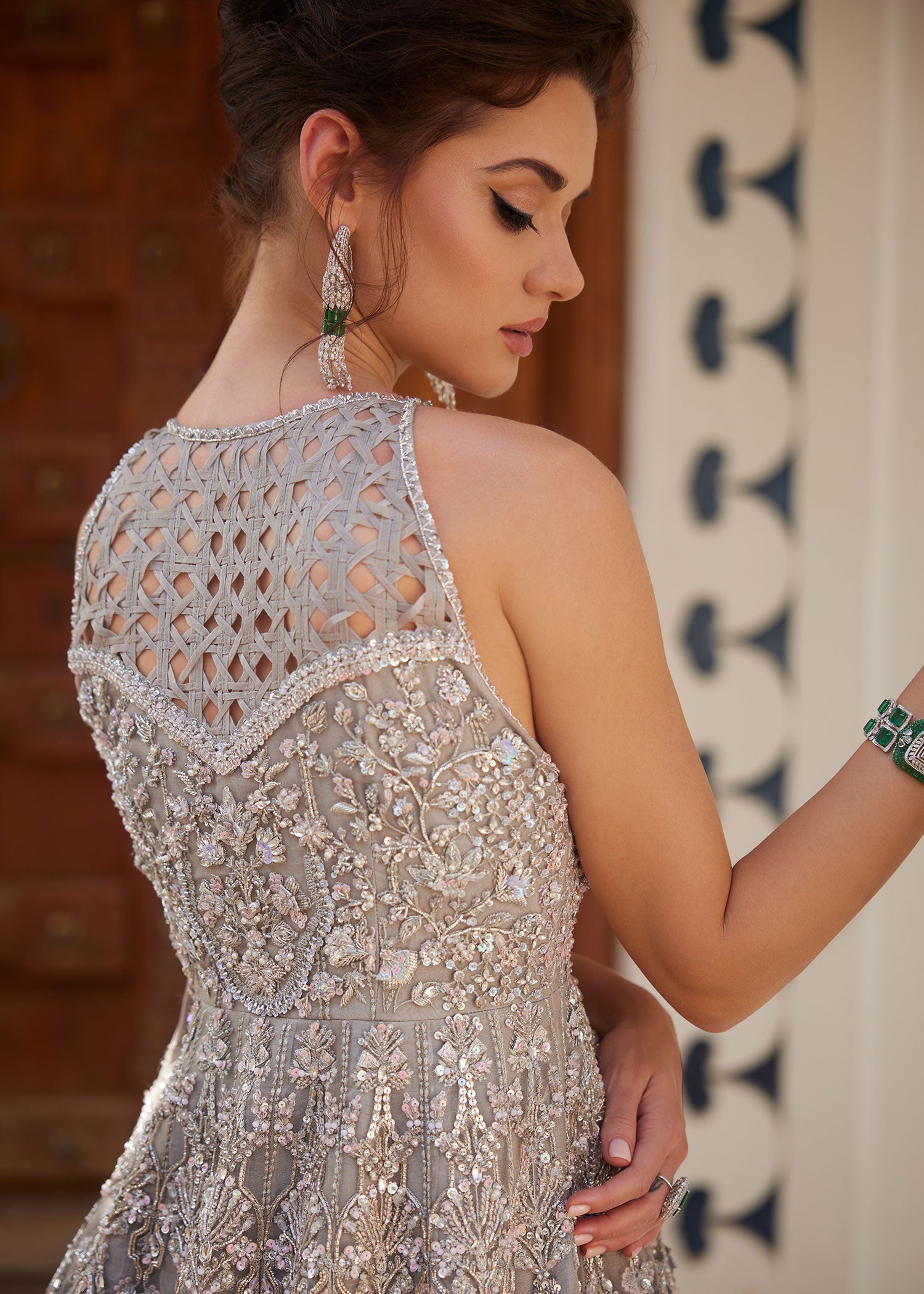 Grey Embroidered Organza Bridal Gown (2-Piece) - Image 5