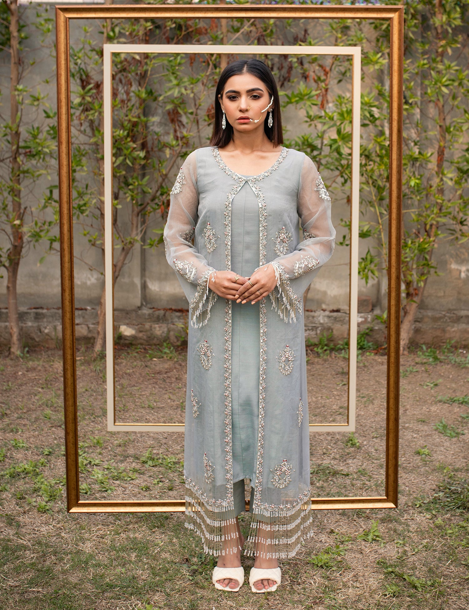 Grey Embellished Organza Long Gown (2-Piece) - Image 1