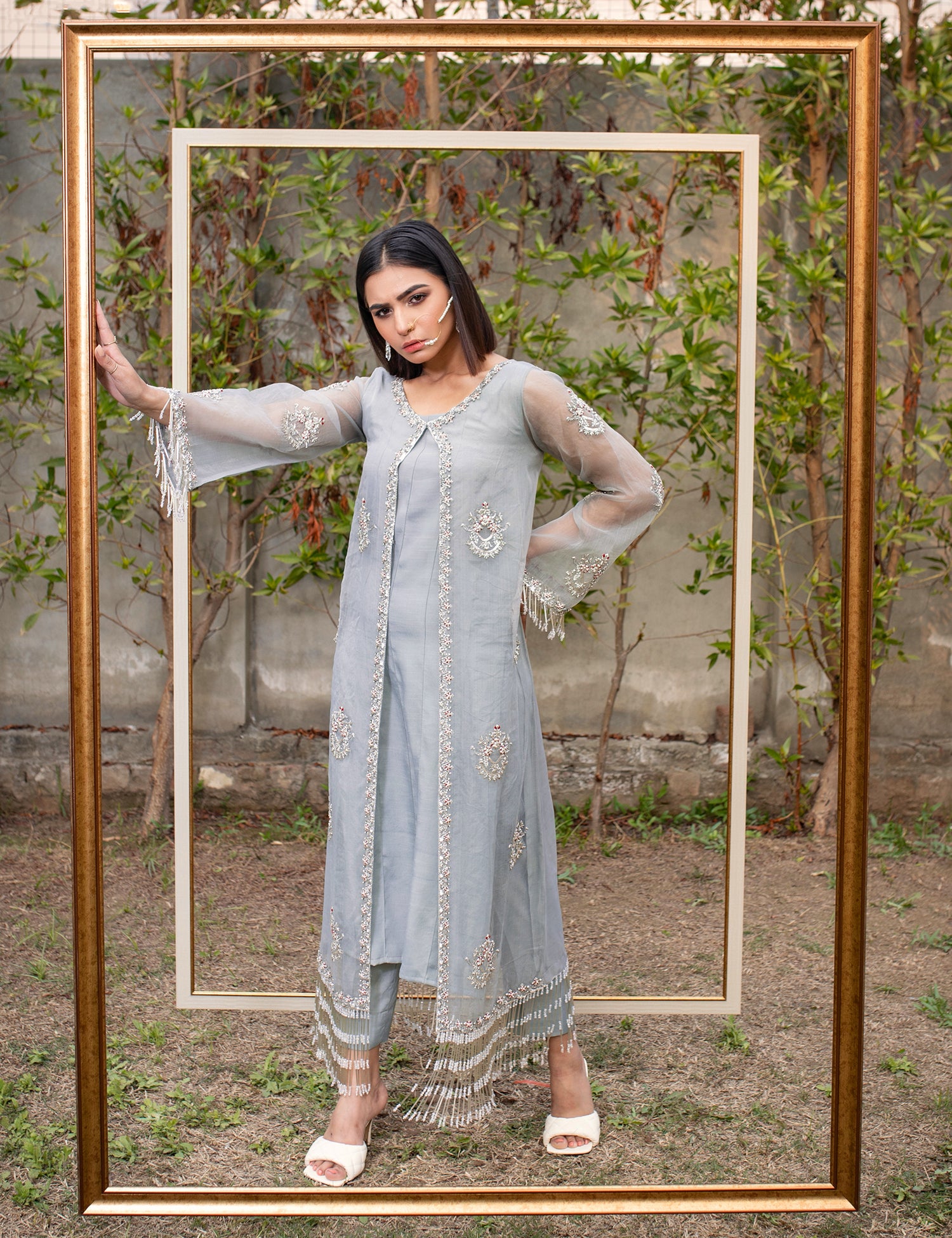 Grey Embellished Organza Long Gown (2-Piece) - Image 2