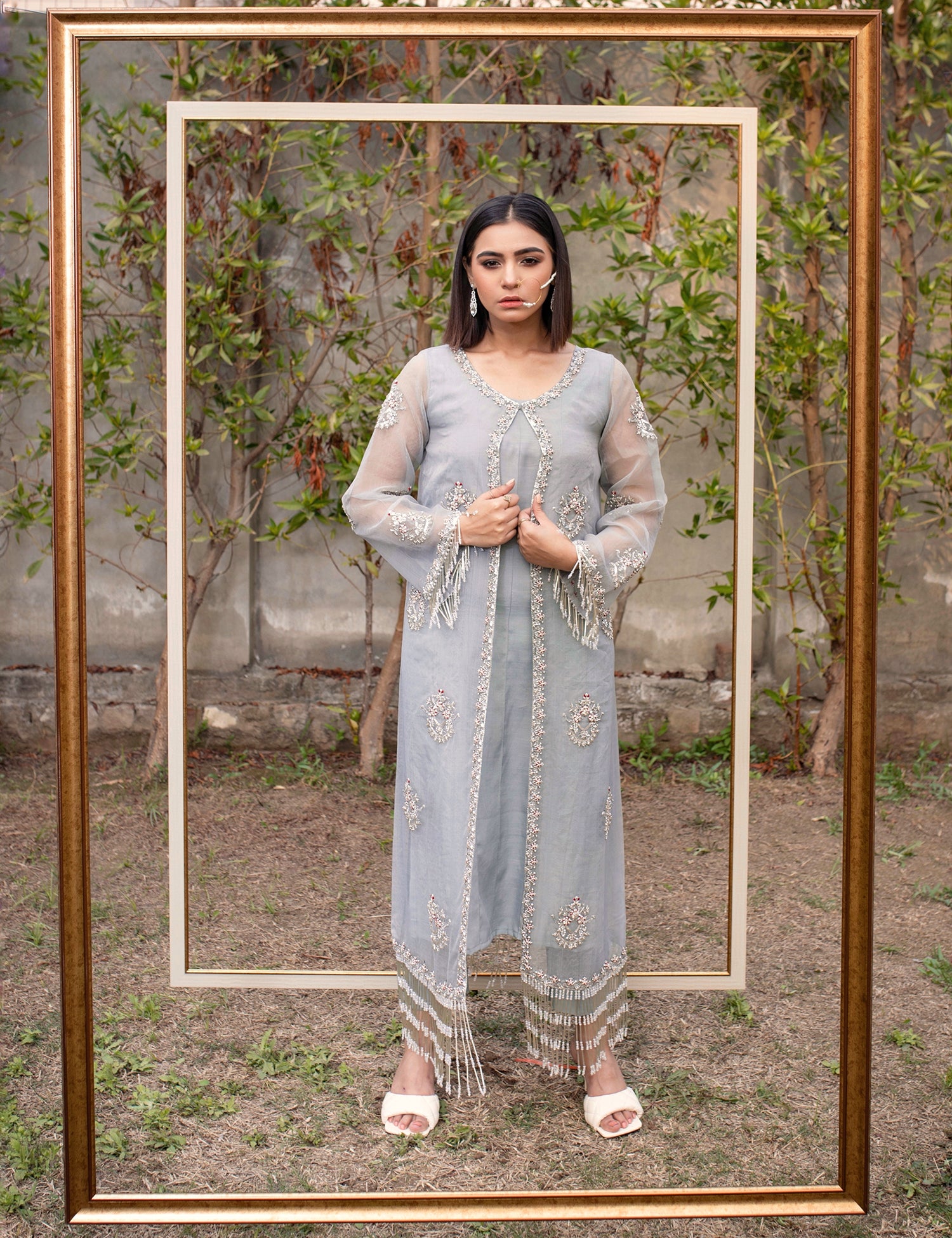 Grey Embellished Organza Long Gown (2-Piece) - Image 3