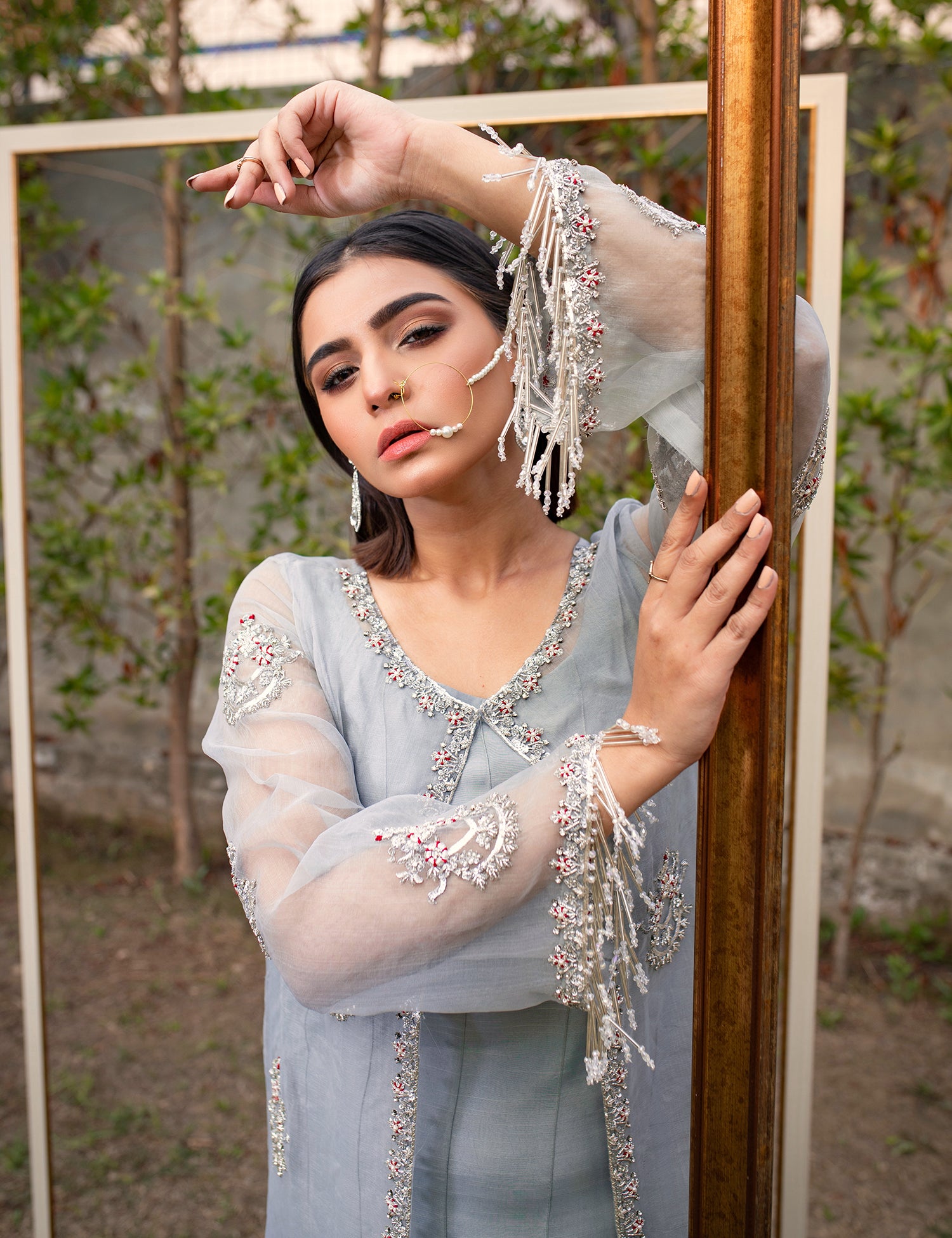 Grey Embellished Organza Long Gown (2-Piece) - Image 4