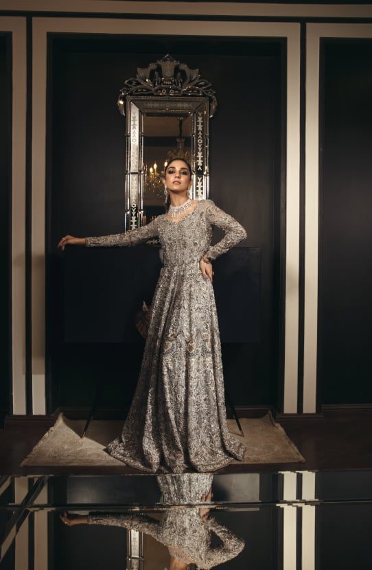 Grey Metallic Embroidered Organza Gown (1-Pc) - Image 2