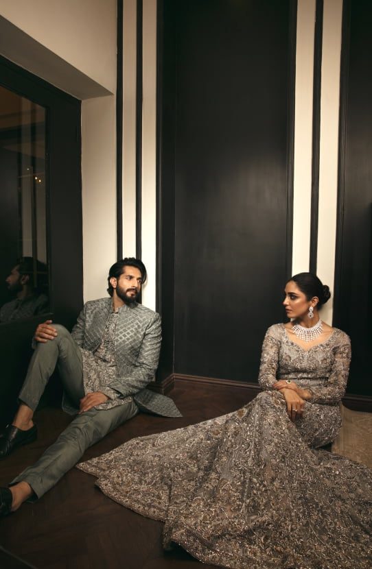 Grey Metallic Embroidered Organza Gown (1-Pc) - Image 3