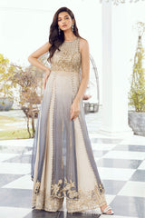 Pakistani Grey Gold Embellished Organza Halter Gown (2-Piece) - Image 2