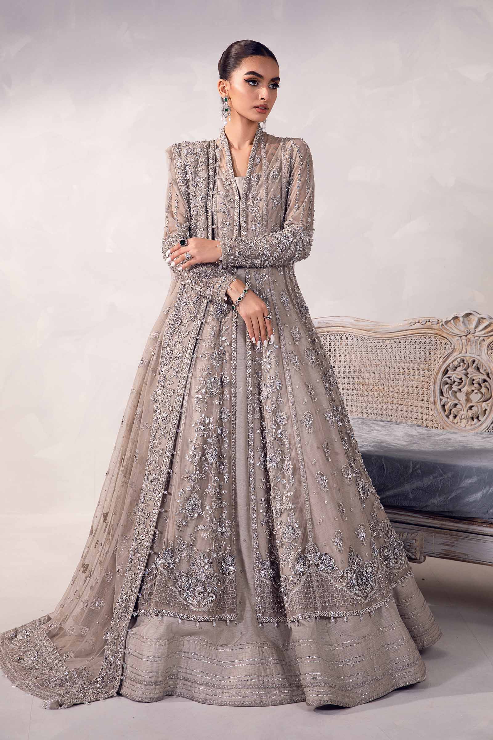 Mouse Grey Embellished Raw Silk Frock with Net Gown (3-Piece) - Image 1