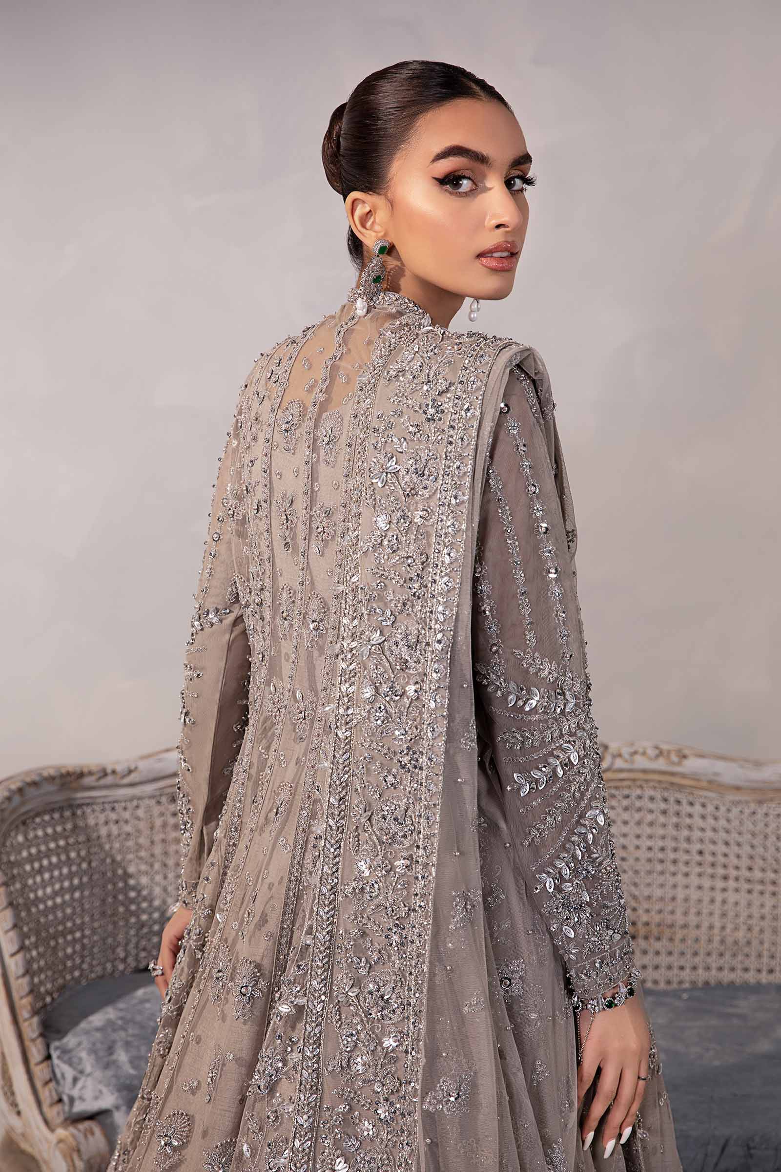 Mouse Grey Embellished Raw Silk Frock with Net Gown (3-Piece) - Image 10