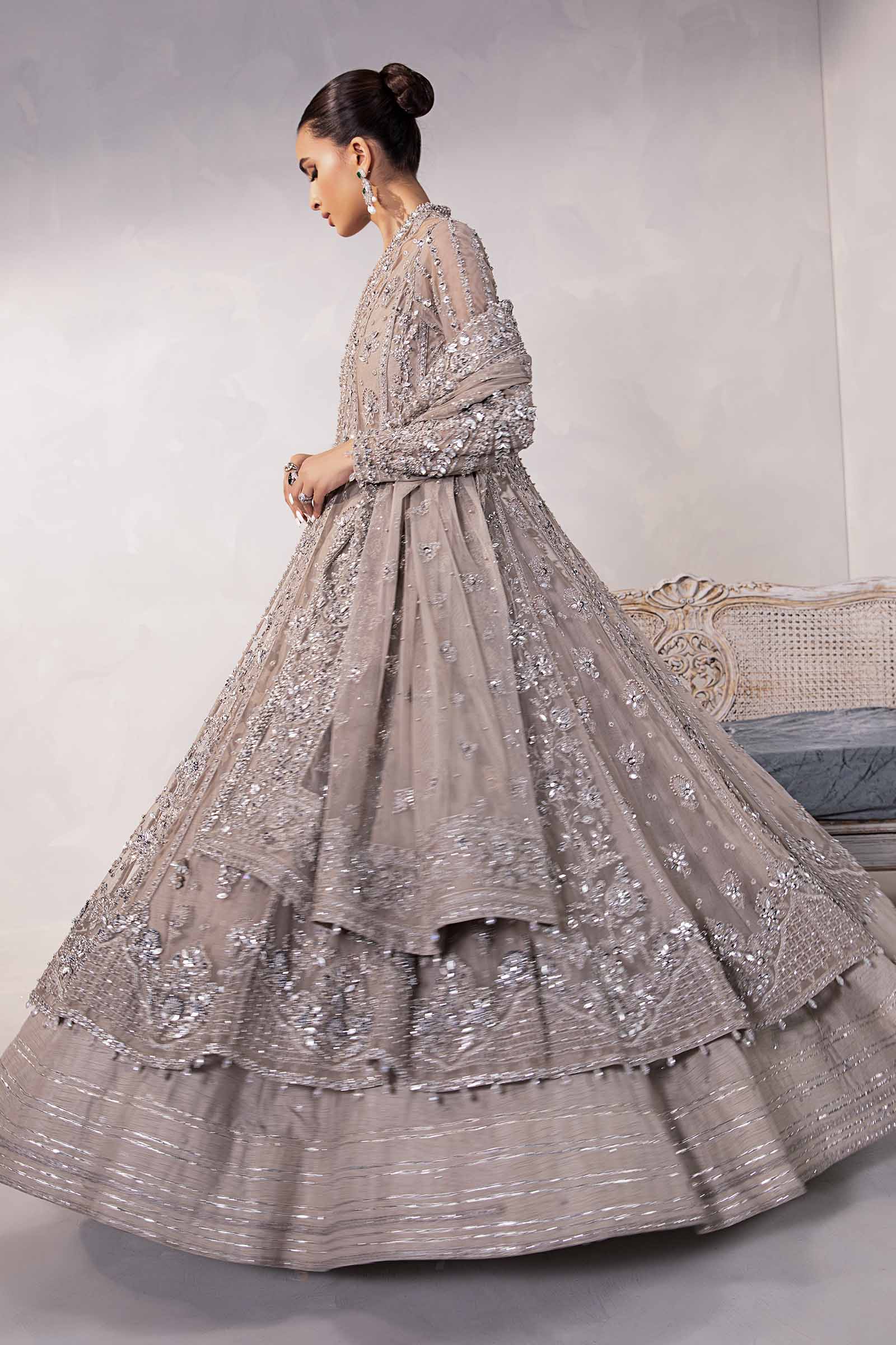 Mouse Grey Embellished Raw Silk Frock with Net Gown (3-Piece) - Image 11