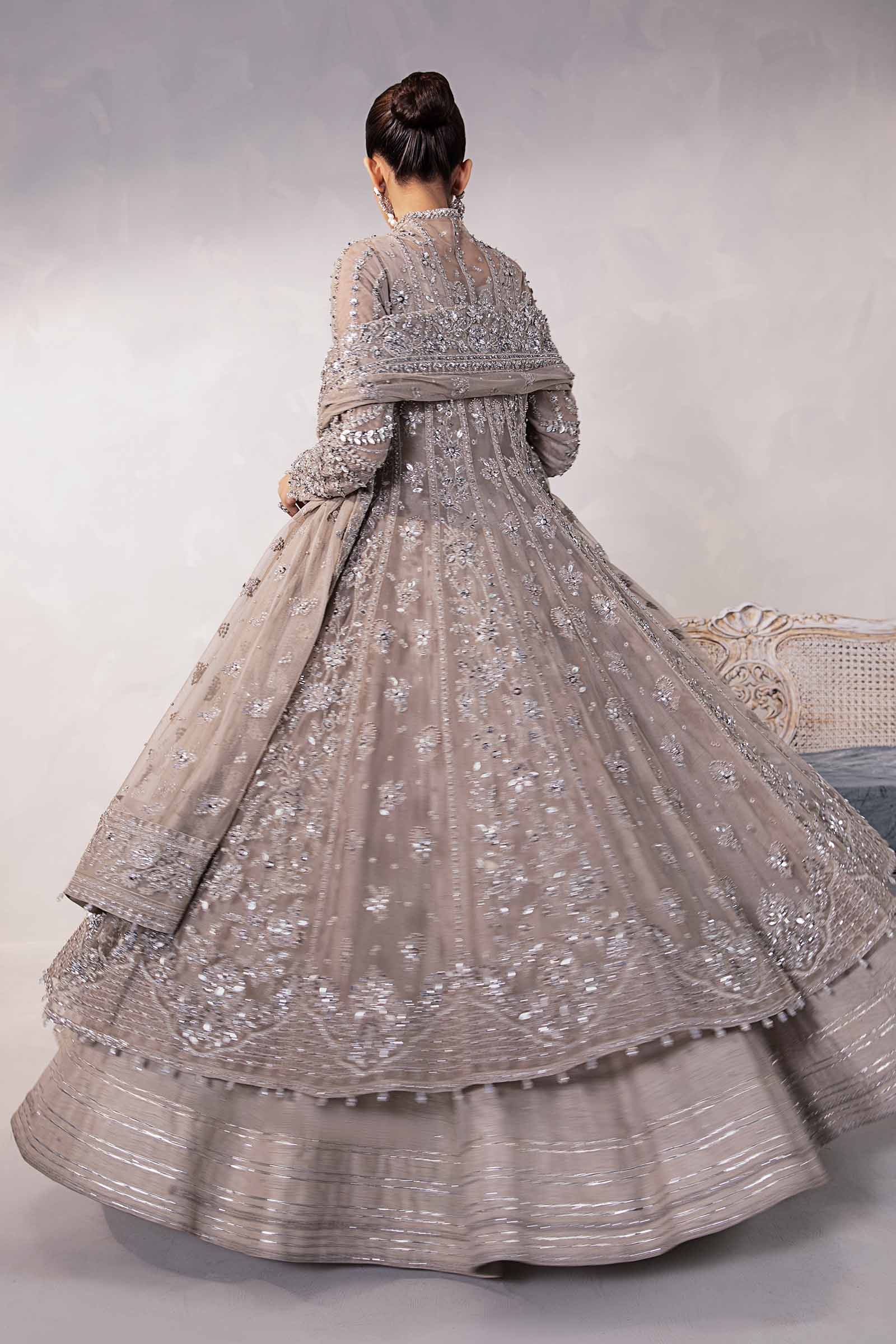 Mouse Grey Embellished Raw Silk Frock with Net Gown (3-Piece) - Image 12