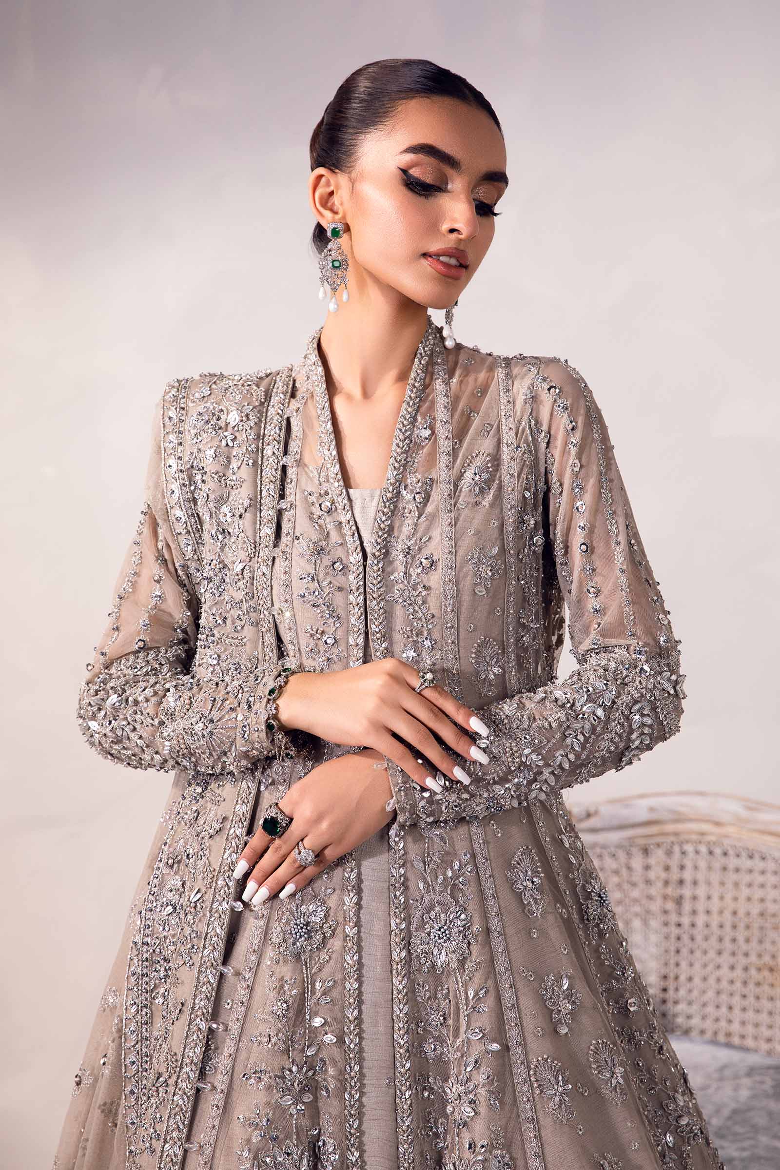 Mouse Grey Embellished Raw Silk Frock with Net Gown (3-Piece) - Image 2