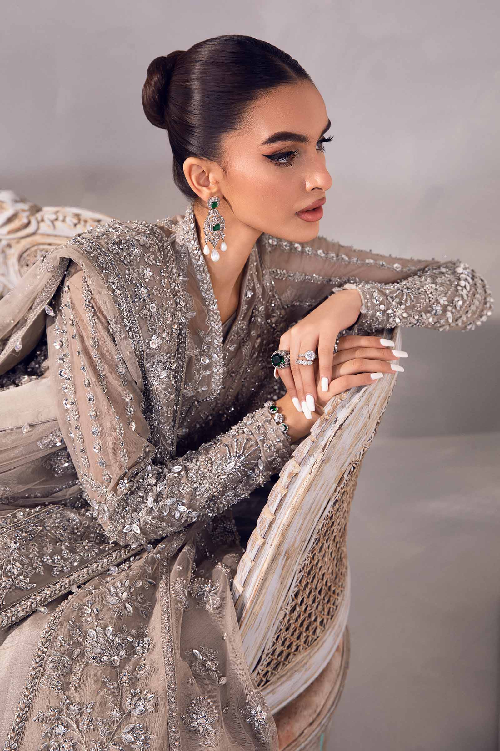 Mouse Grey Embellished Raw Silk Frock with Net Gown (3-Piece) - Image 5