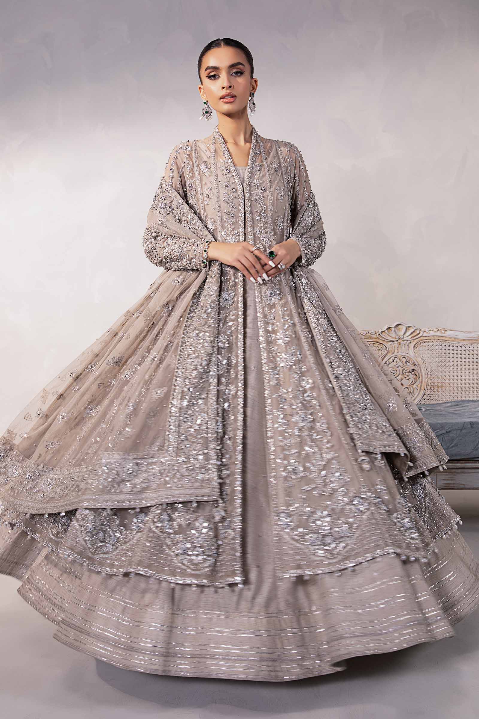 Mouse Grey Embellished Raw Silk Frock with Net Gown (3-Piece) - Image 6