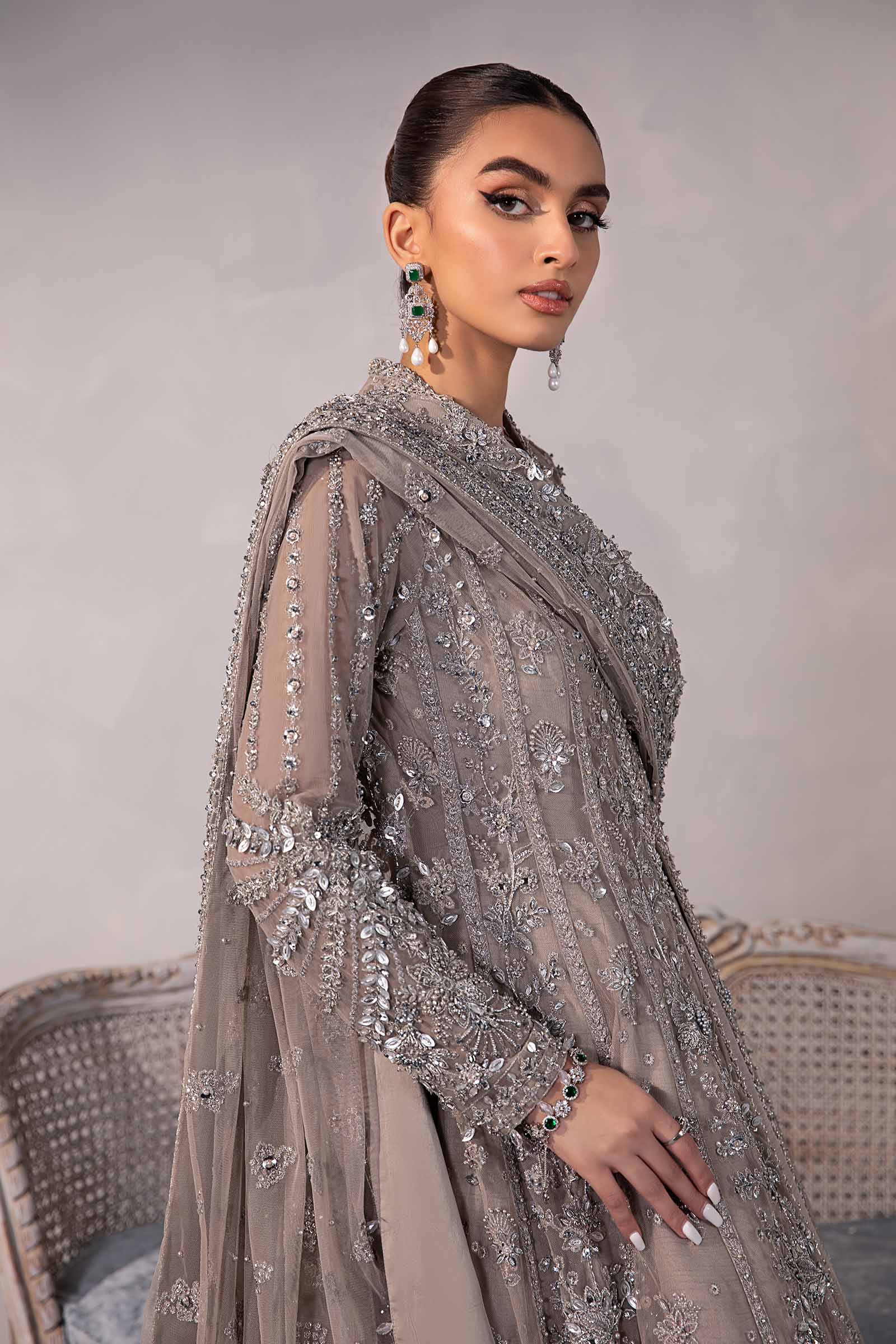 Mouse Grey Embellished Raw Silk Frock with Net Gown (3-Piece) - Image 7