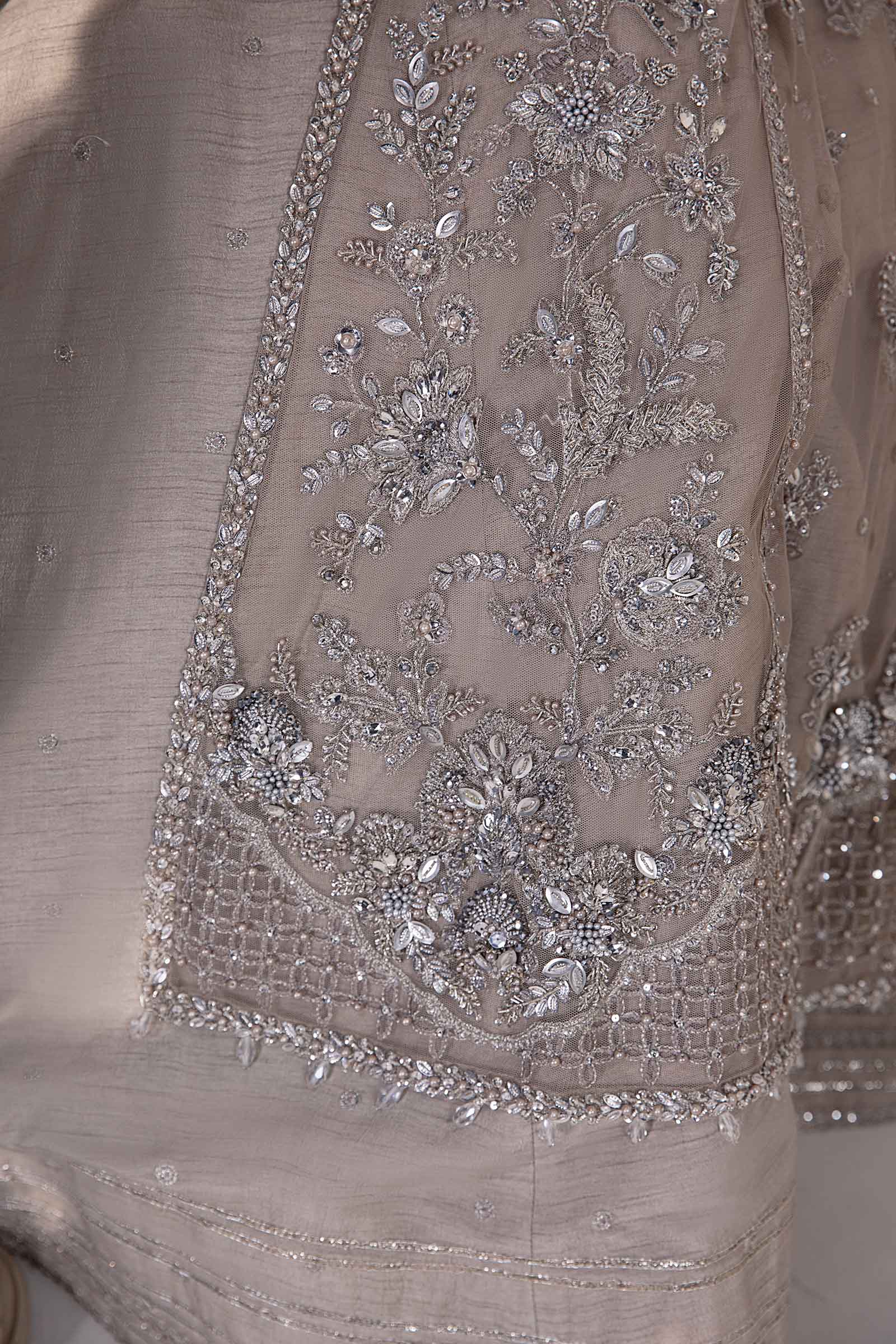 Mouse Grey Embellished Raw Silk Frock with Net Gown (3-Piece) - Image 8