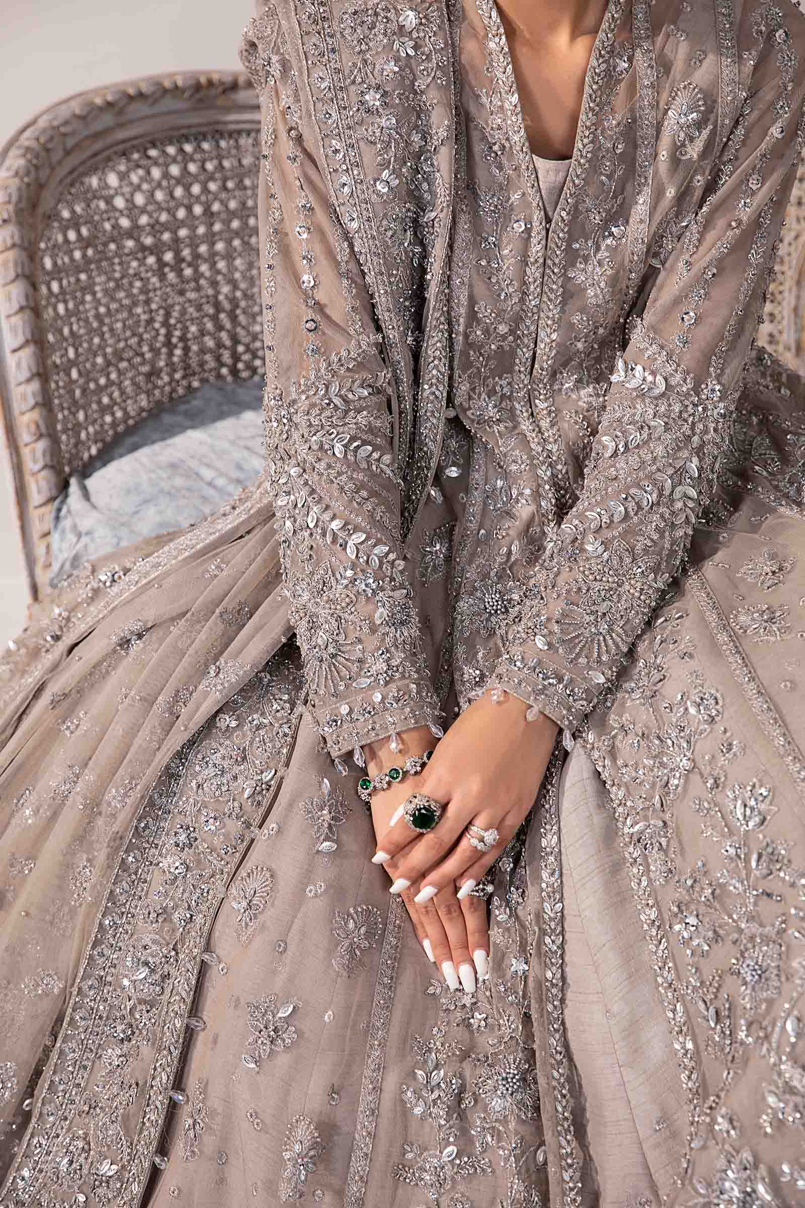 Mouse Grey Embellished Raw Silk Frock with Net Gown (3-Piece) - Image 9