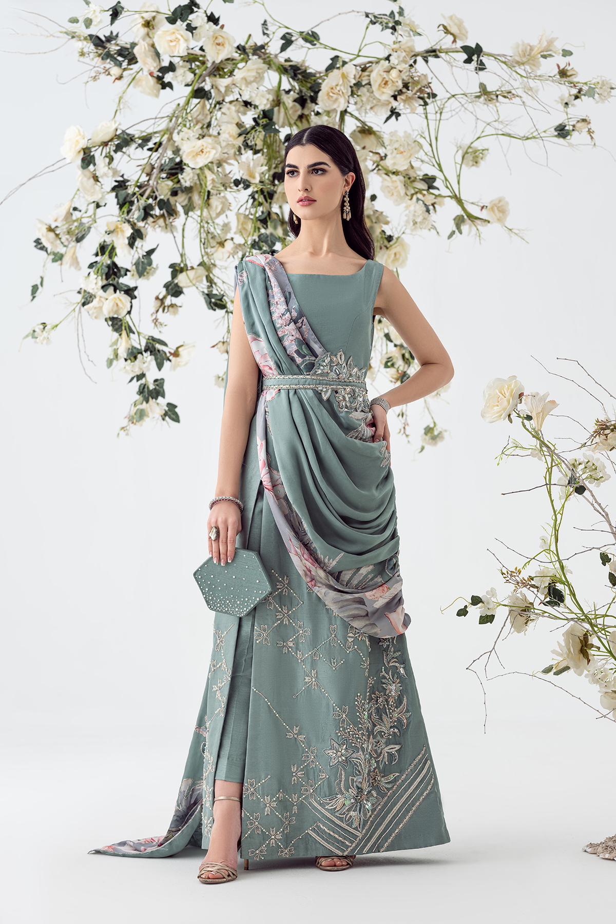 Grey-Blue Embellished Raw Silk Gown (2-Piece) - Image 1