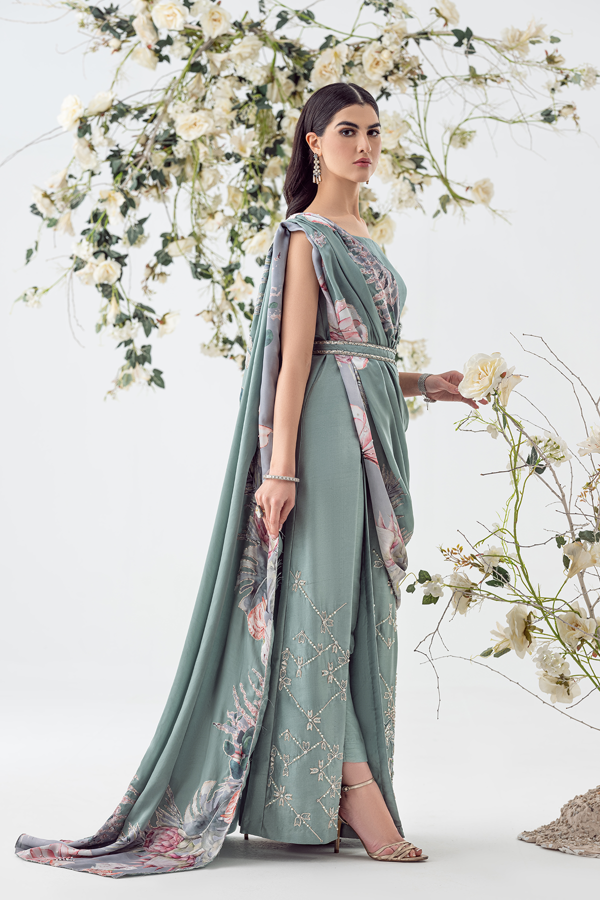 Grey-Blue Embellished Raw Silk Gown (2-Piece) - Image 2