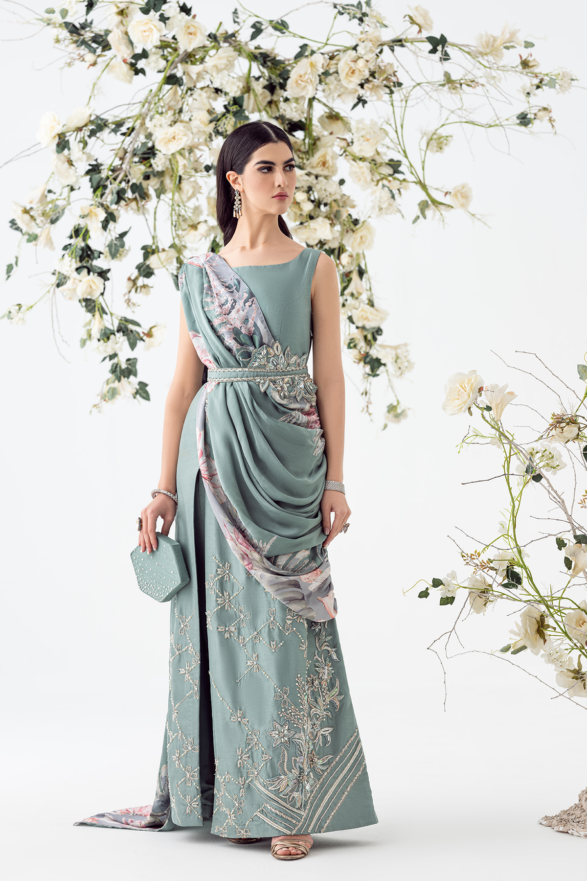 Grey-Blue Embellished Raw Silk Gown (2-Piece) - Image 3