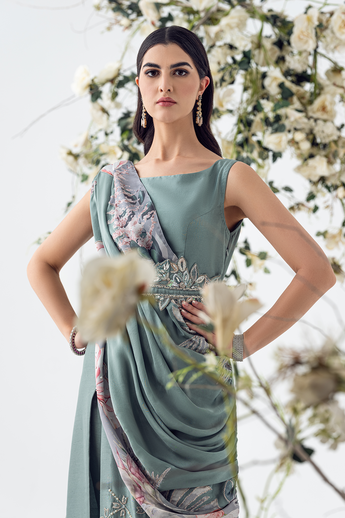 Grey-Blue Embellished Raw Silk Gown (2-Piece) - Image 5