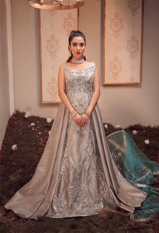 Steel Grey Embroidered Raw Silk Gown (2-Piece) - Image 1