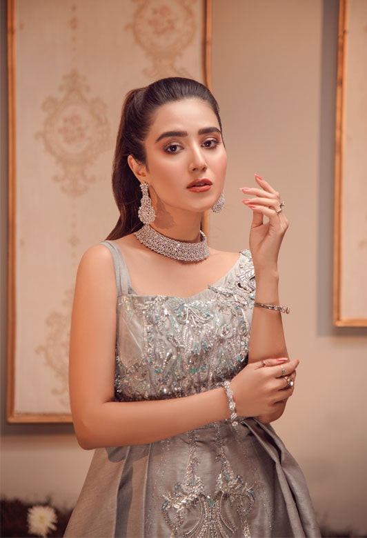 Steel Grey Embroidered Raw Silk Gown (2-Piece) - Image 3