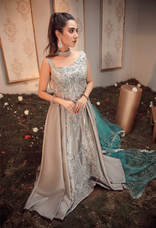 Steel Grey Embroidered Raw Silk Gown (2-Piece) - Image 4