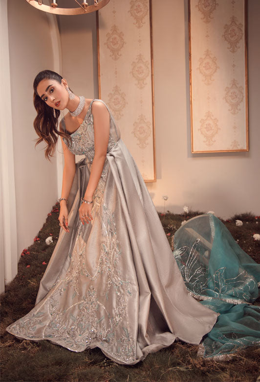 Steel Grey Embroidered Raw Silk Gown (2-Piece) - Image 5