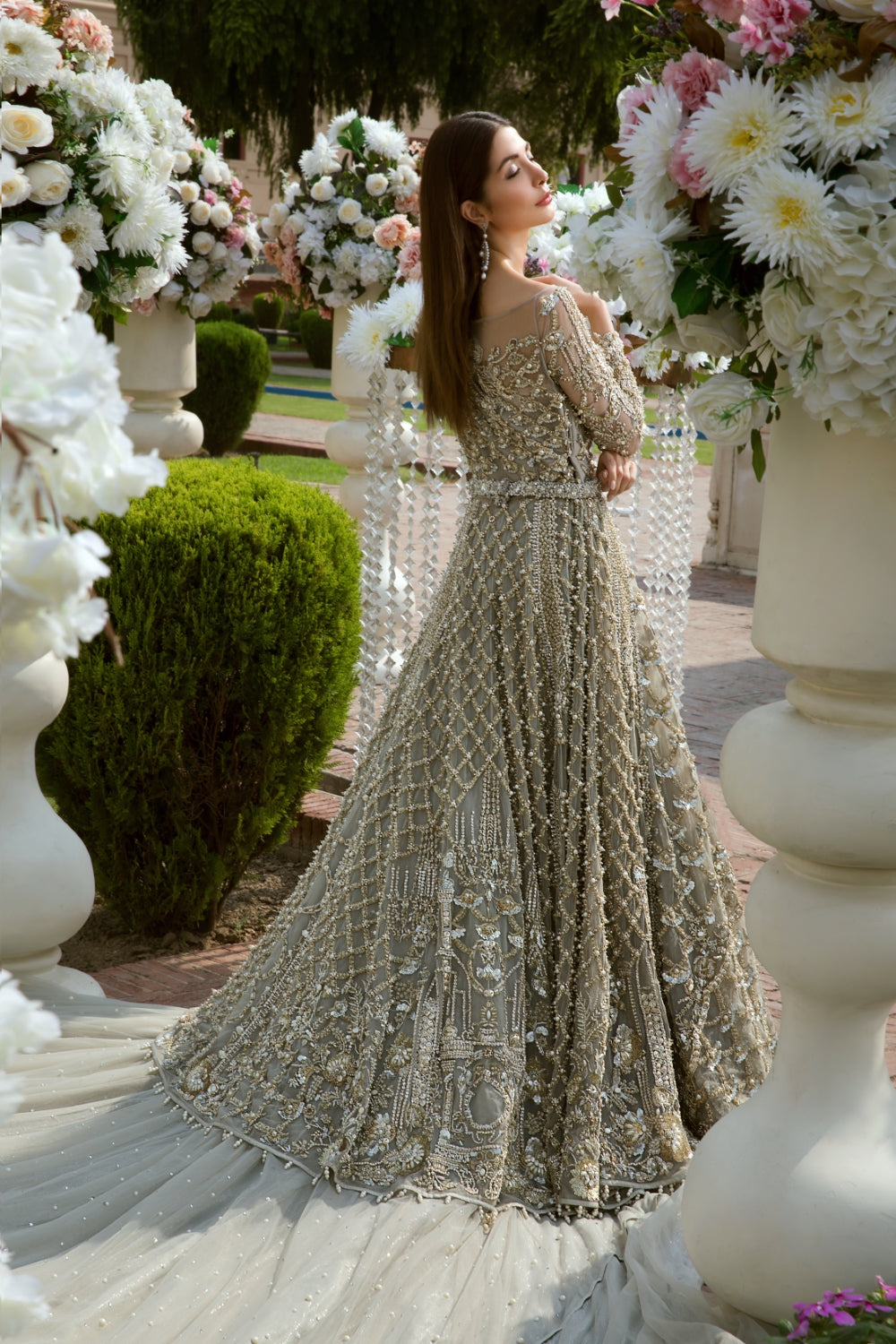 Pakistani Grey Embellished Net Silk-Blend Maxi Gown (2-Piece) - Image 4