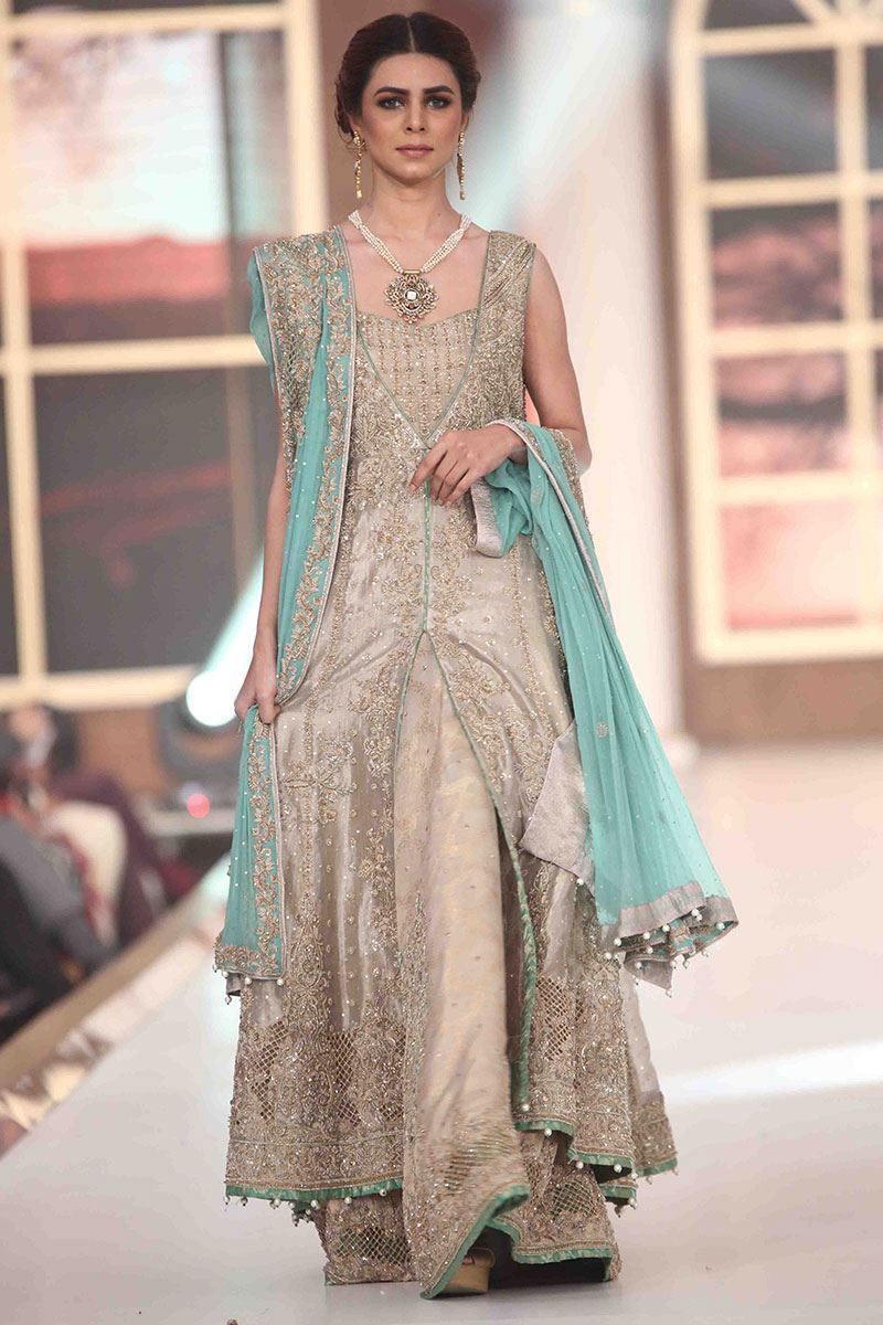Grey Aqua Embroidered Cutwork Silk Net Bridal Gown (2-Piece) - Image 1