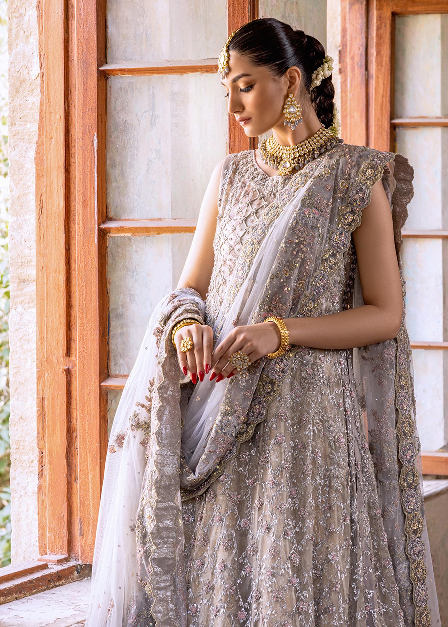 Steel Grey Embroidered Silk Organza Bridal Gown (2-Piece) - Image 6