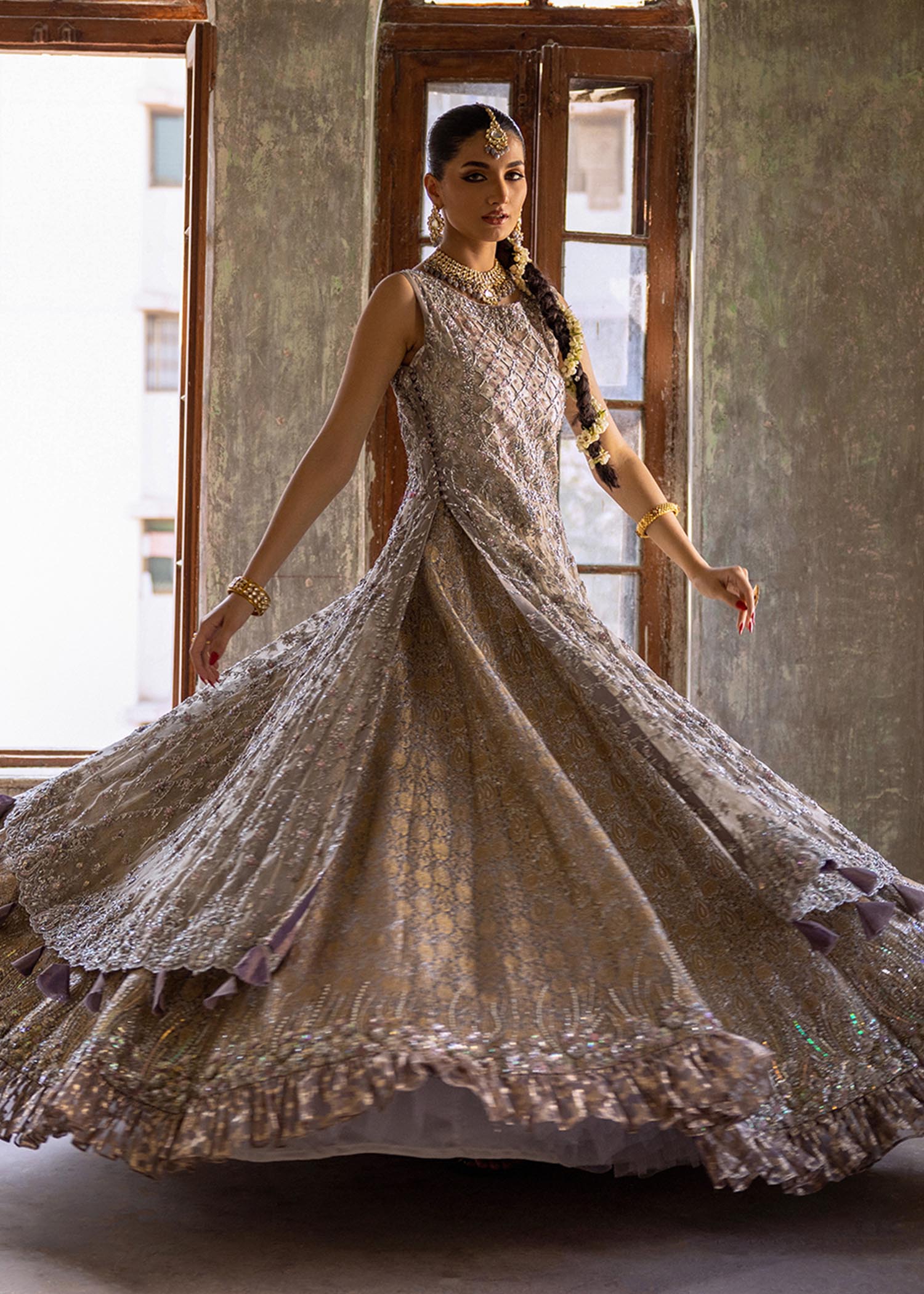 Steel Grey Embroidered Silk Organza A-Line Gown (2-Piece) - Image 2