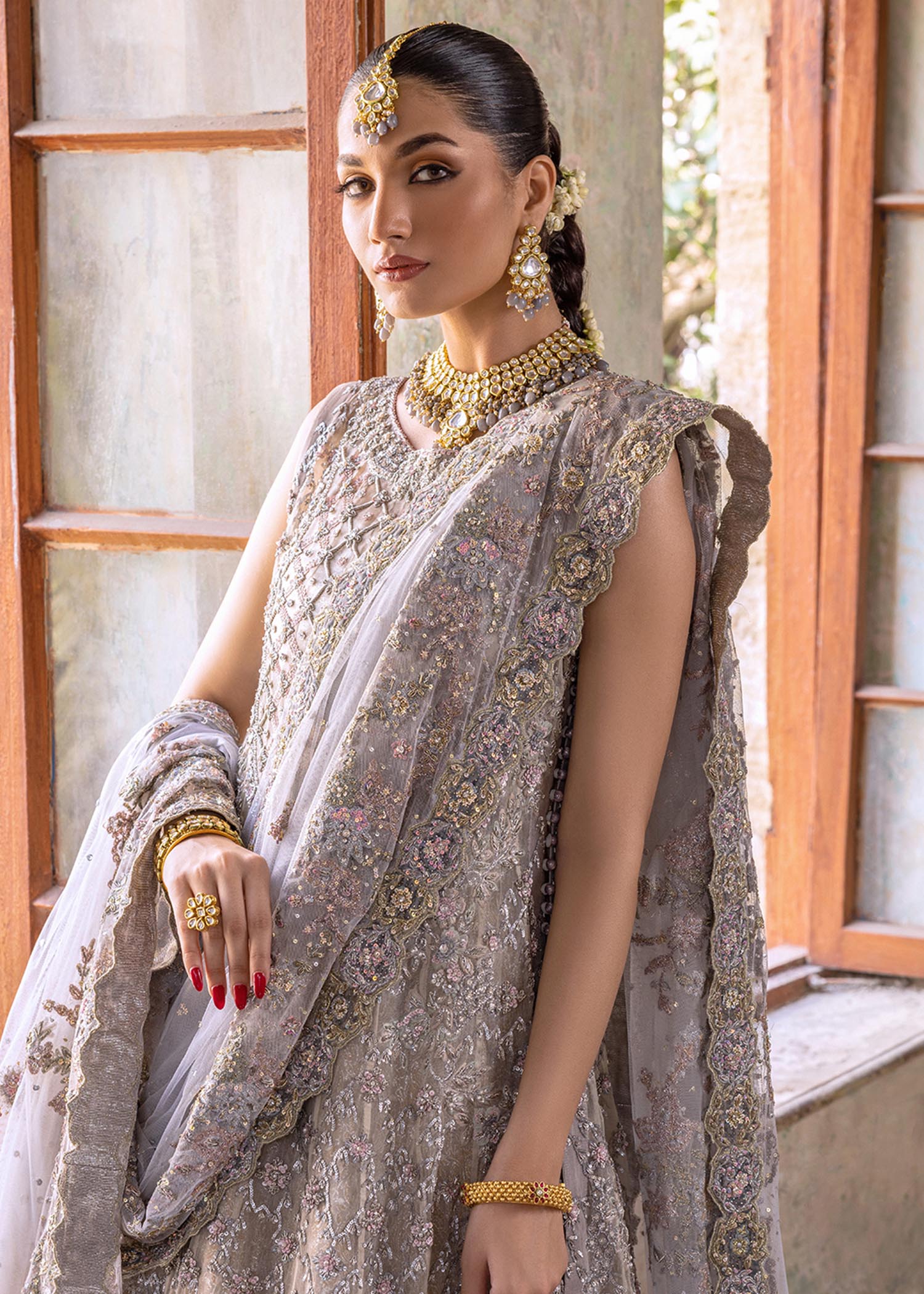 Steel Grey Embroidered Silk Organza A-Line Gown (2-Piece) - Image 7