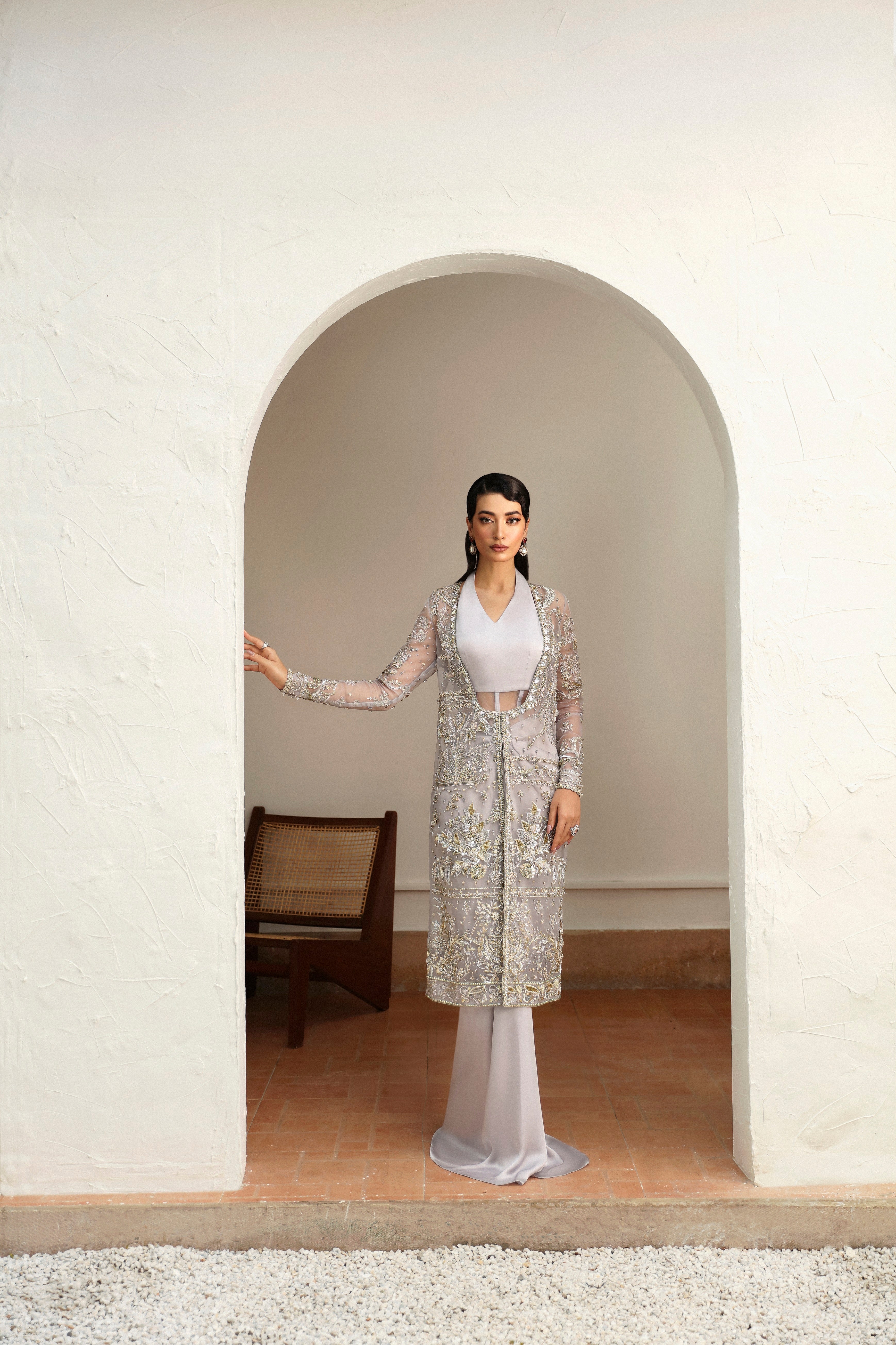 Pakistani Moon Grey Embellished Silk Gown (2-Piece) - Image 1