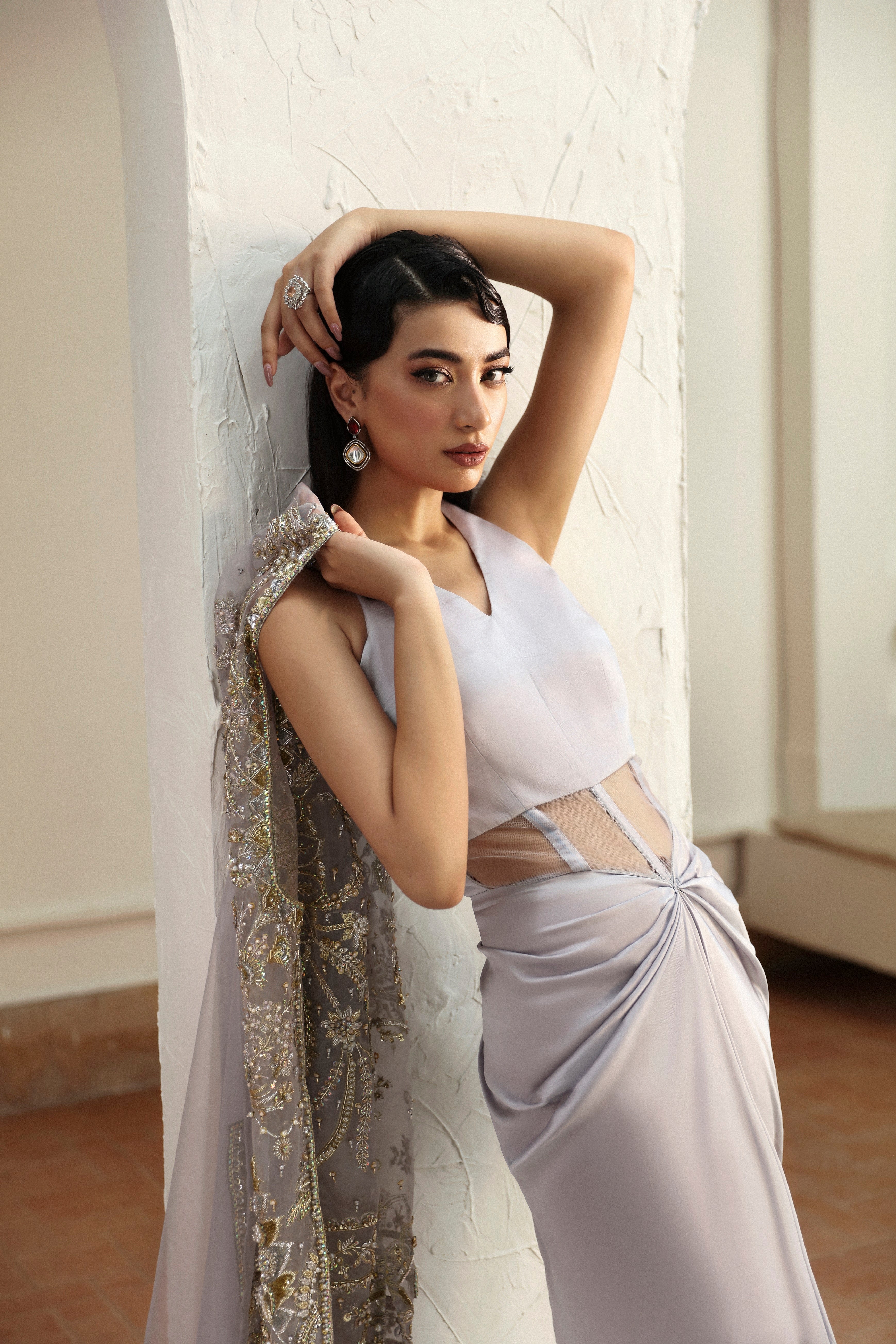 Pakistani Moon Grey Embellished Silk Gown (2-Piece) - Image 2