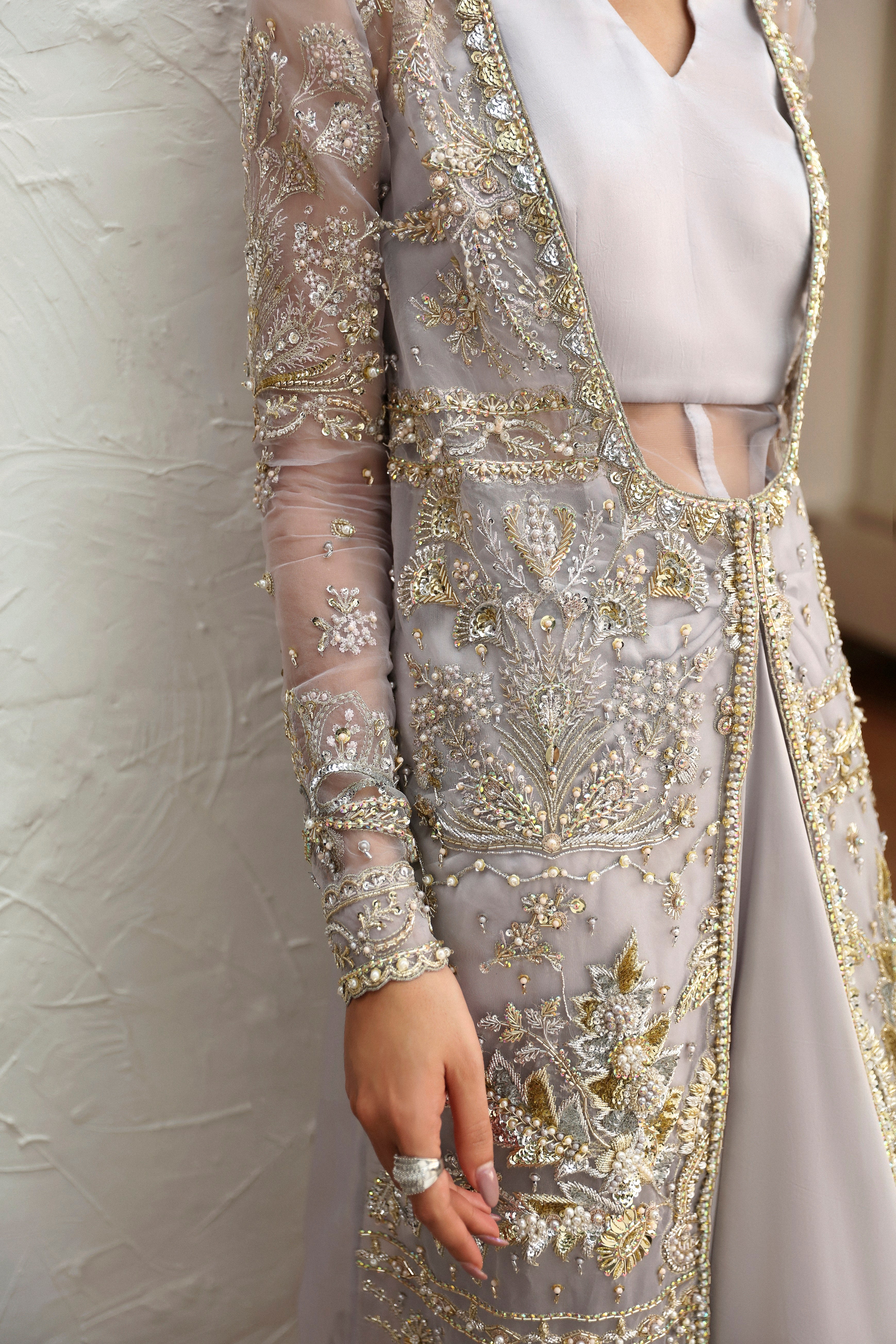 Pakistani Moon Grey Embellished Silk Gown (2-Piece) - Image 3