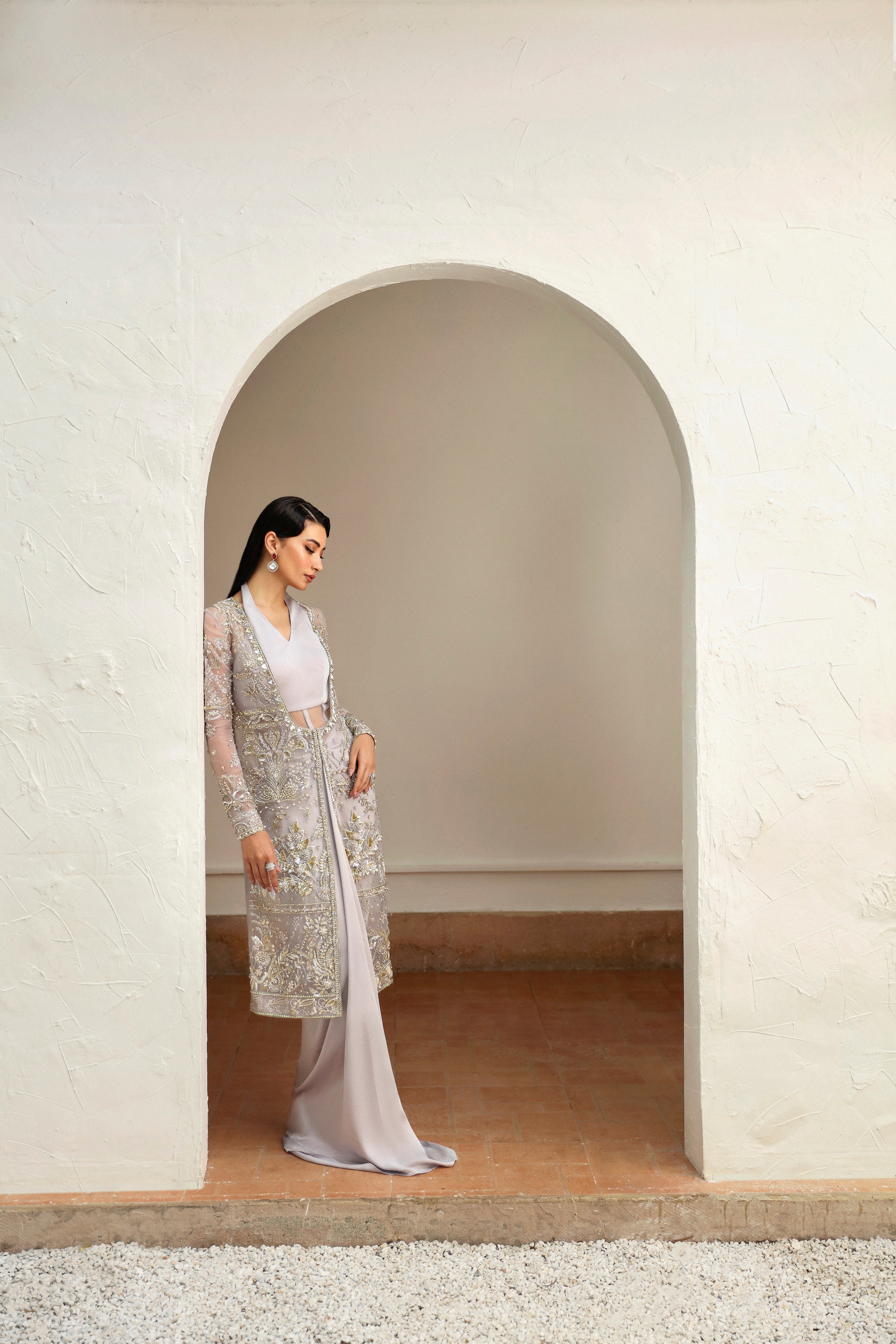 Pakistani Moon Grey Embellished Silk Gown (2-Piece) - Image 4