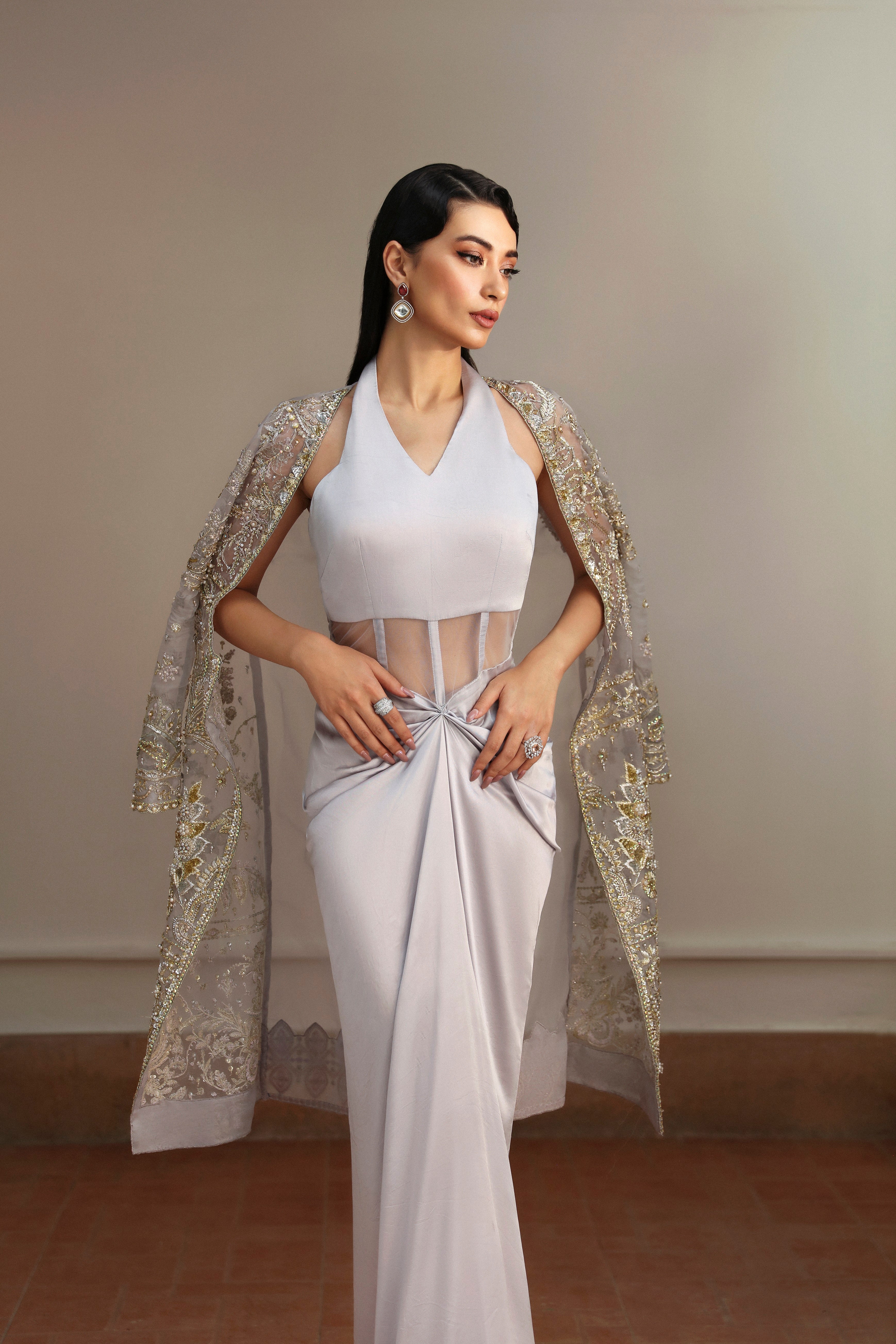 Pakistani Moon Grey Embellished Silk Gown (2-Piece) - Image 6