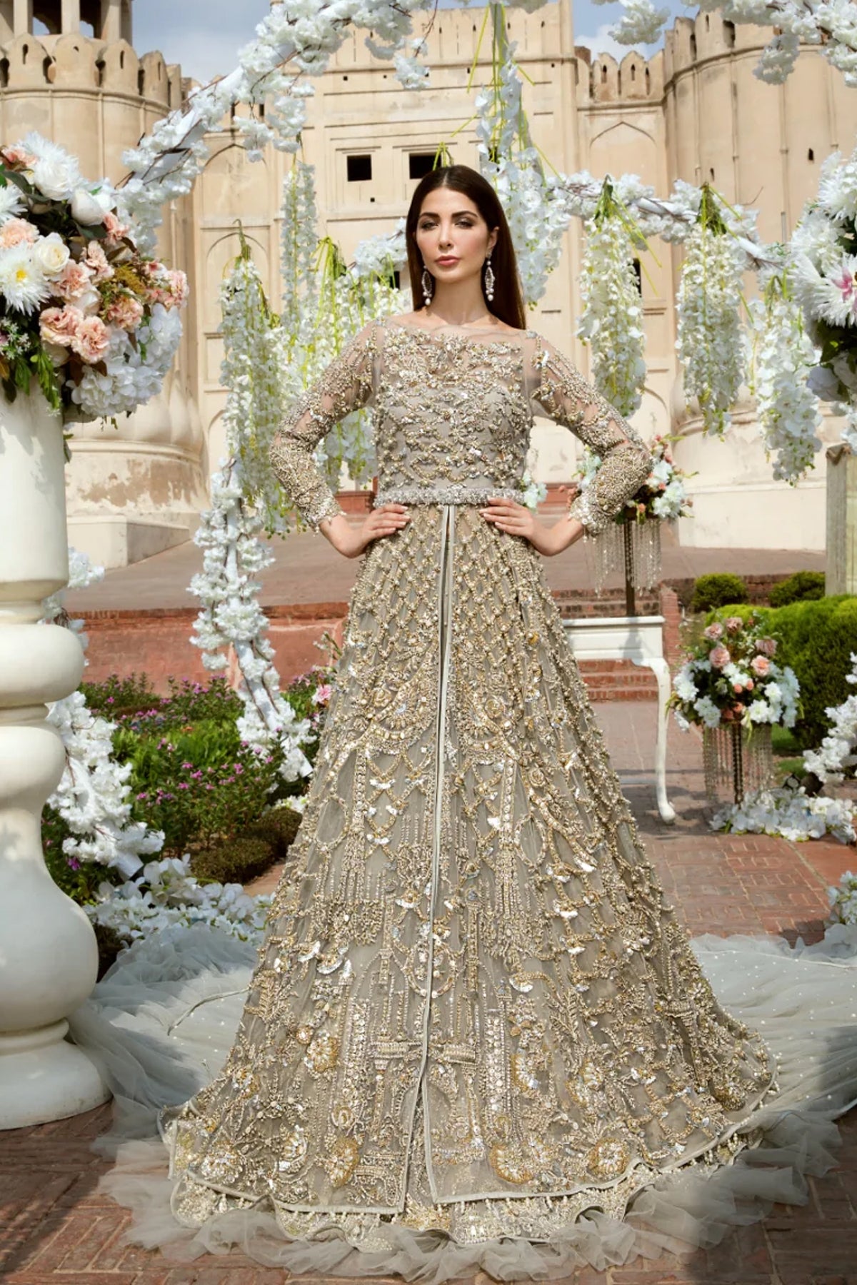 Grey Embellished Net Bridal Maxi Dress (2-Piece) - Image 1