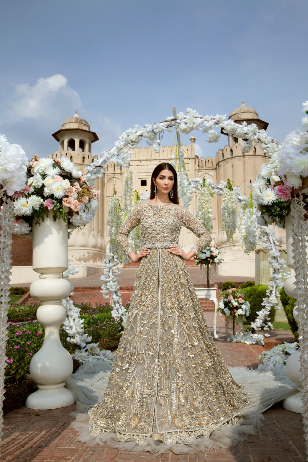 Grey Embellished Net Bridal Maxi Dress (2-Piece) - Image 2