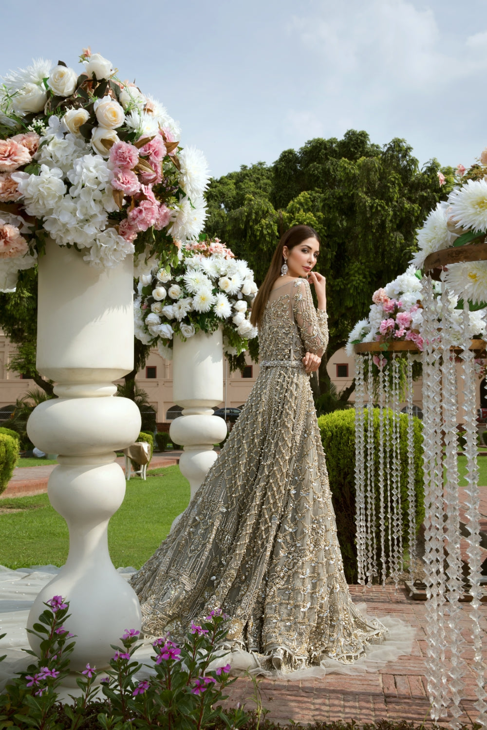 Grey Embellished Net Bridal Maxi Dress (2-Piece) - Image 3