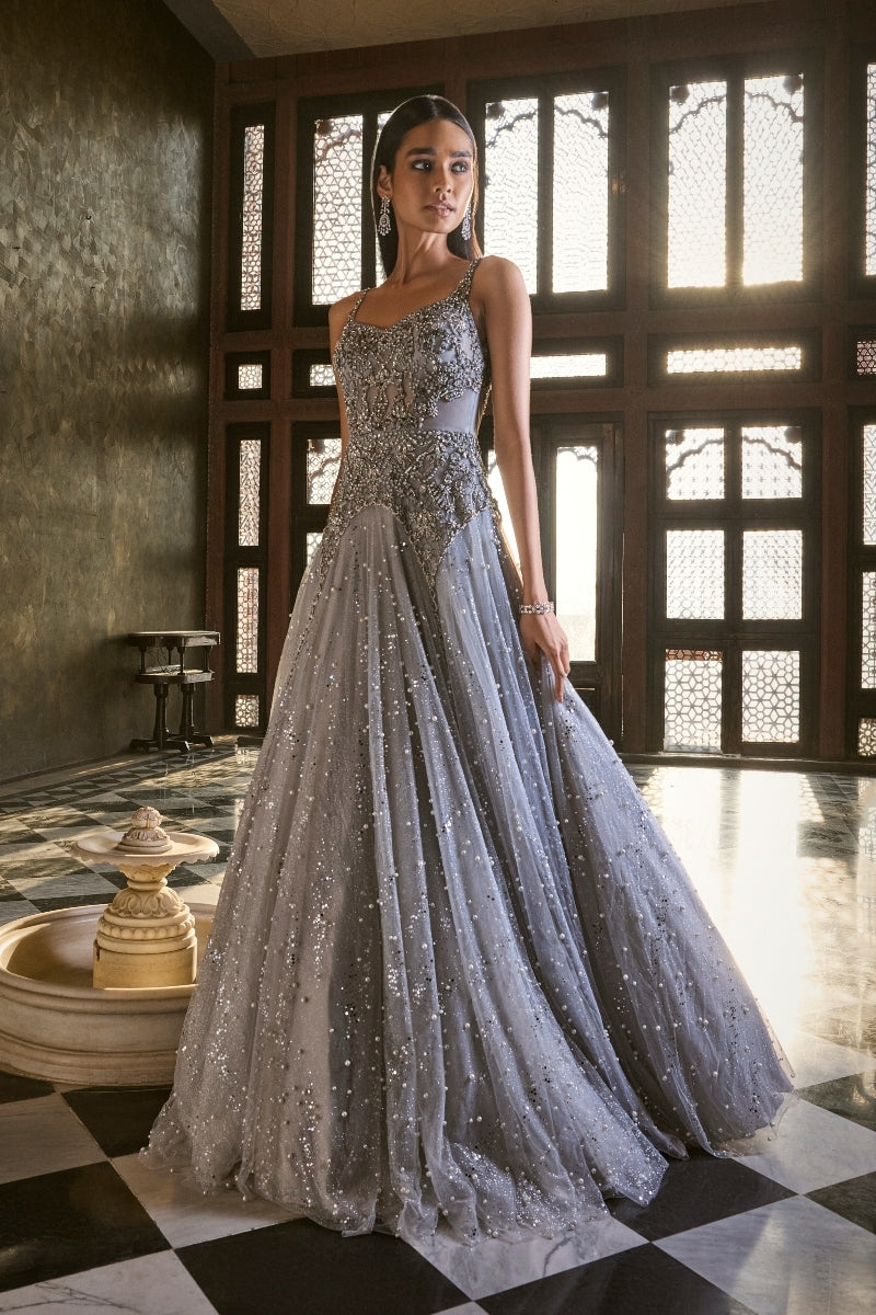 Indian Grey Stone & Cut-Dana Embroidered Tulle Gown (1-Pc) - Image 1