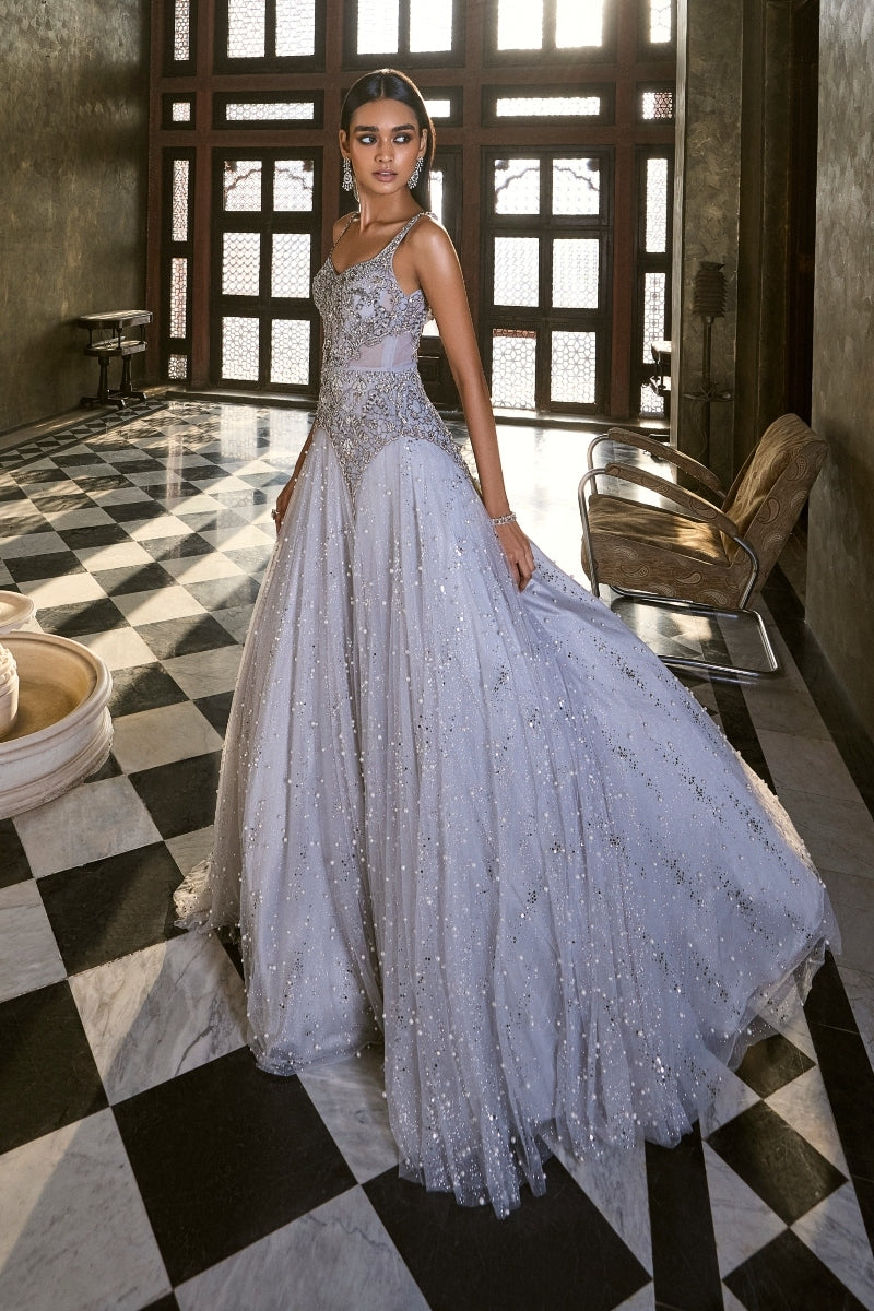 Indian Grey Stone & Cut-Dana Embroidered Tulle Gown (1-Pc) - Image 2