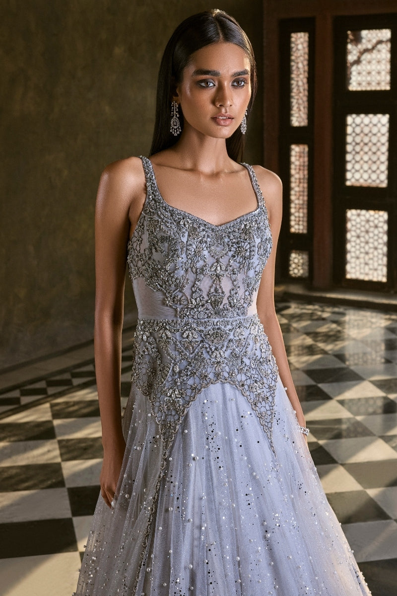 Indian Grey Stone & Cut-Dana Embroidered Tulle Gown (1-Pc) - Image 3