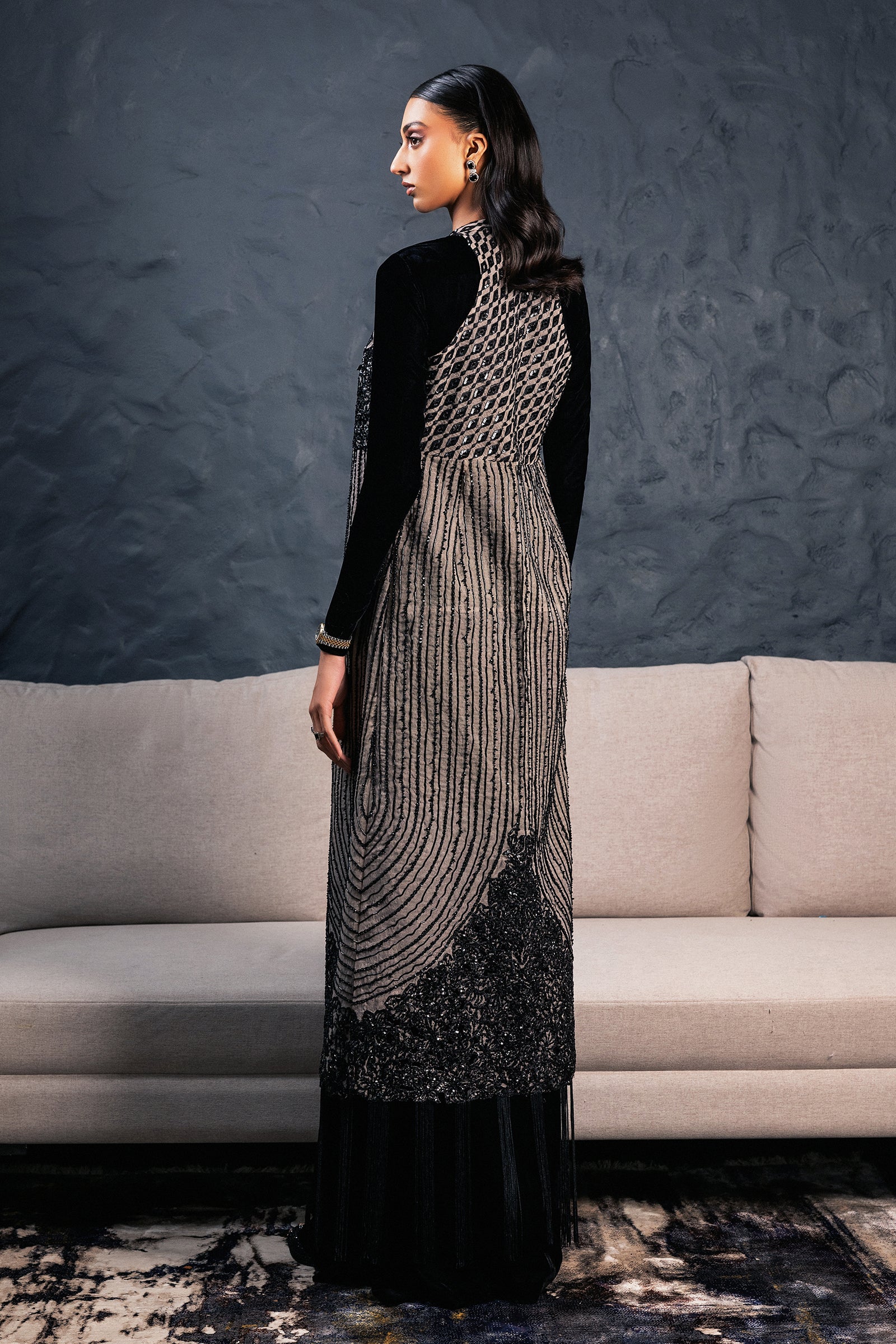 Pakistani Ash-Grey Embellished Velvet Organza Gown (1-Pc) - Image 2