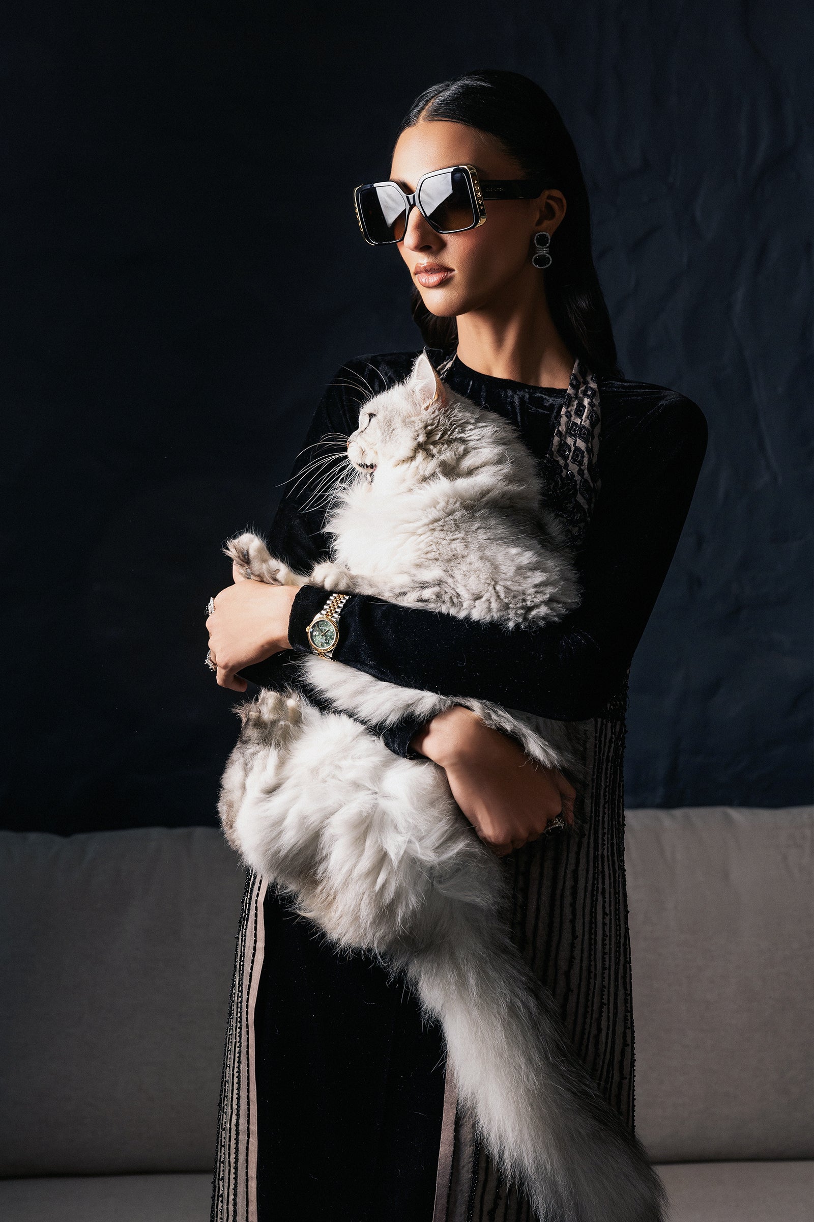 Pakistani Ash-Grey Embellished Velvet Organza Gown (1-Pc) - Image 3