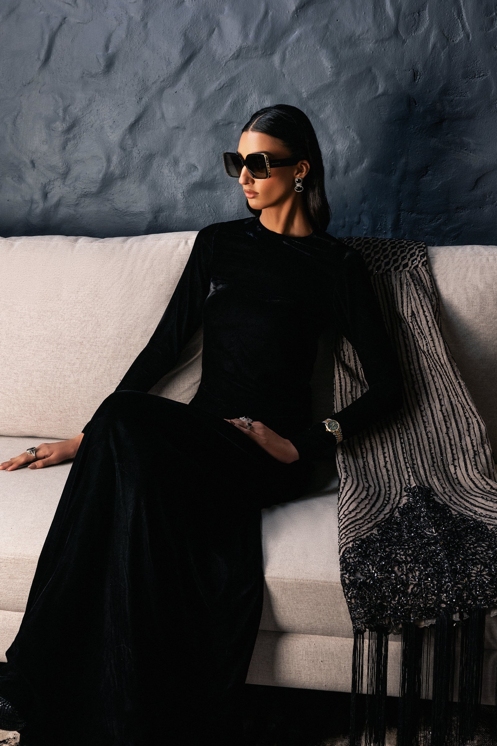 Pakistani Ash-Grey Embellished Velvet Organza Gown (1-Pc) - Image 4