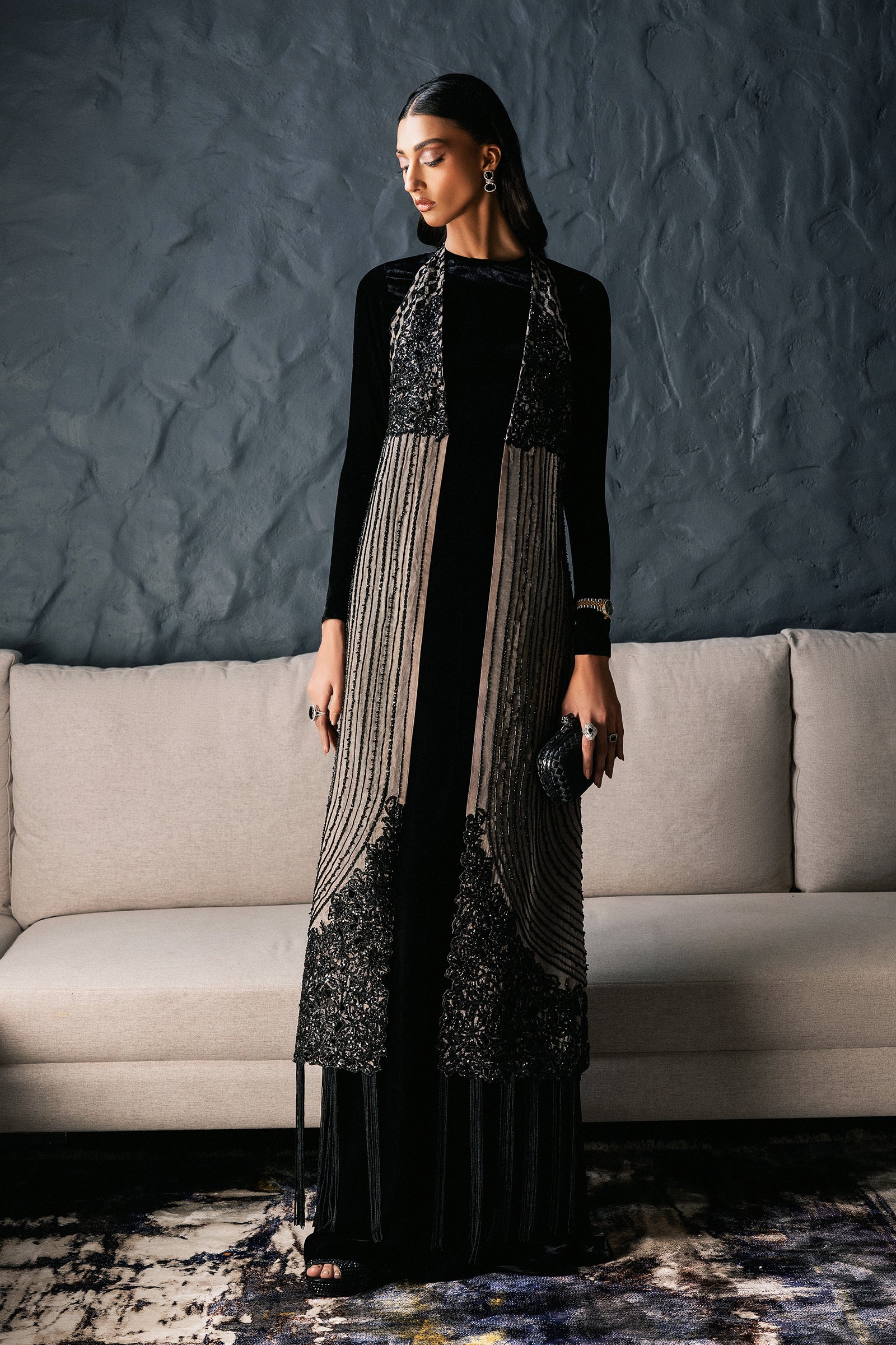 Pakistani Ash-Grey Embellished Velvet Organza Gown (1-Pc) - Image 5